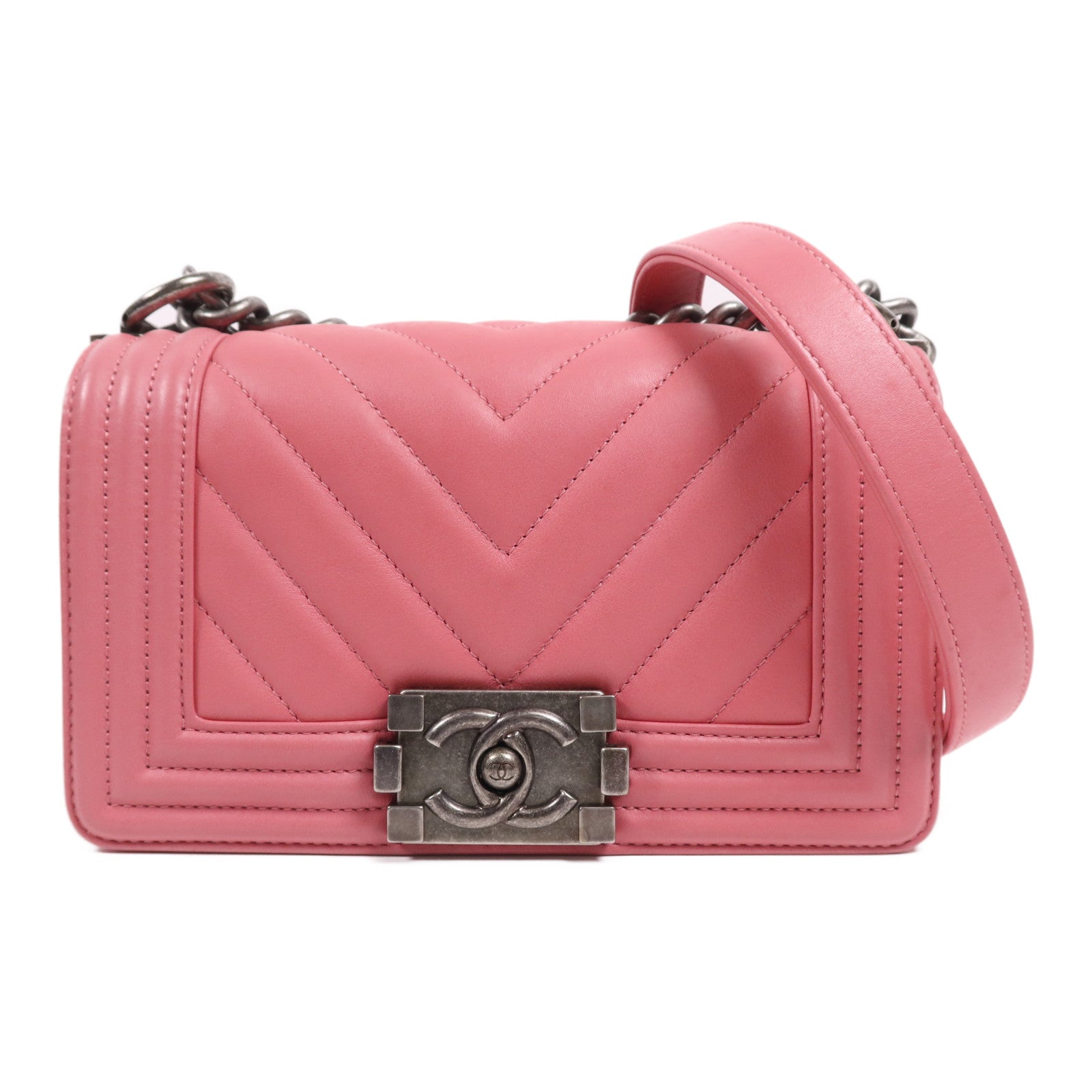 CHANEL 羊皮皮革Boy 20銀扣鏈帶肩背袋