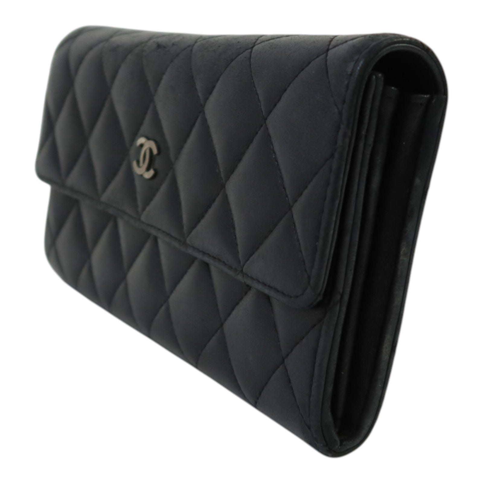 CHANEL 羊皮皮革Fold Wallet銀扣長錢包