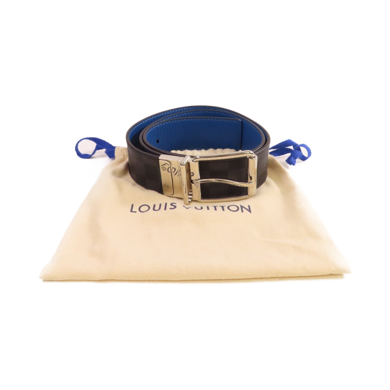 LOUIS VUITTON Damier Graphite Reversible Belt銀扣皮帶黑色/藍色