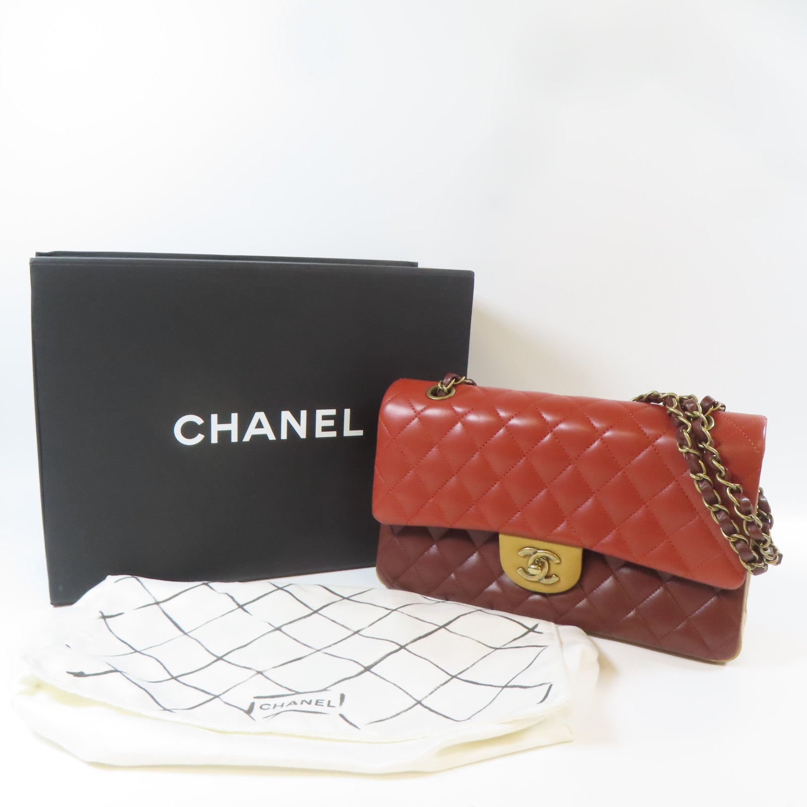 CHANEL 【激減優惠】菱格羊皮皮革Classic 25cm金扣鏈帶肩背袋紅色