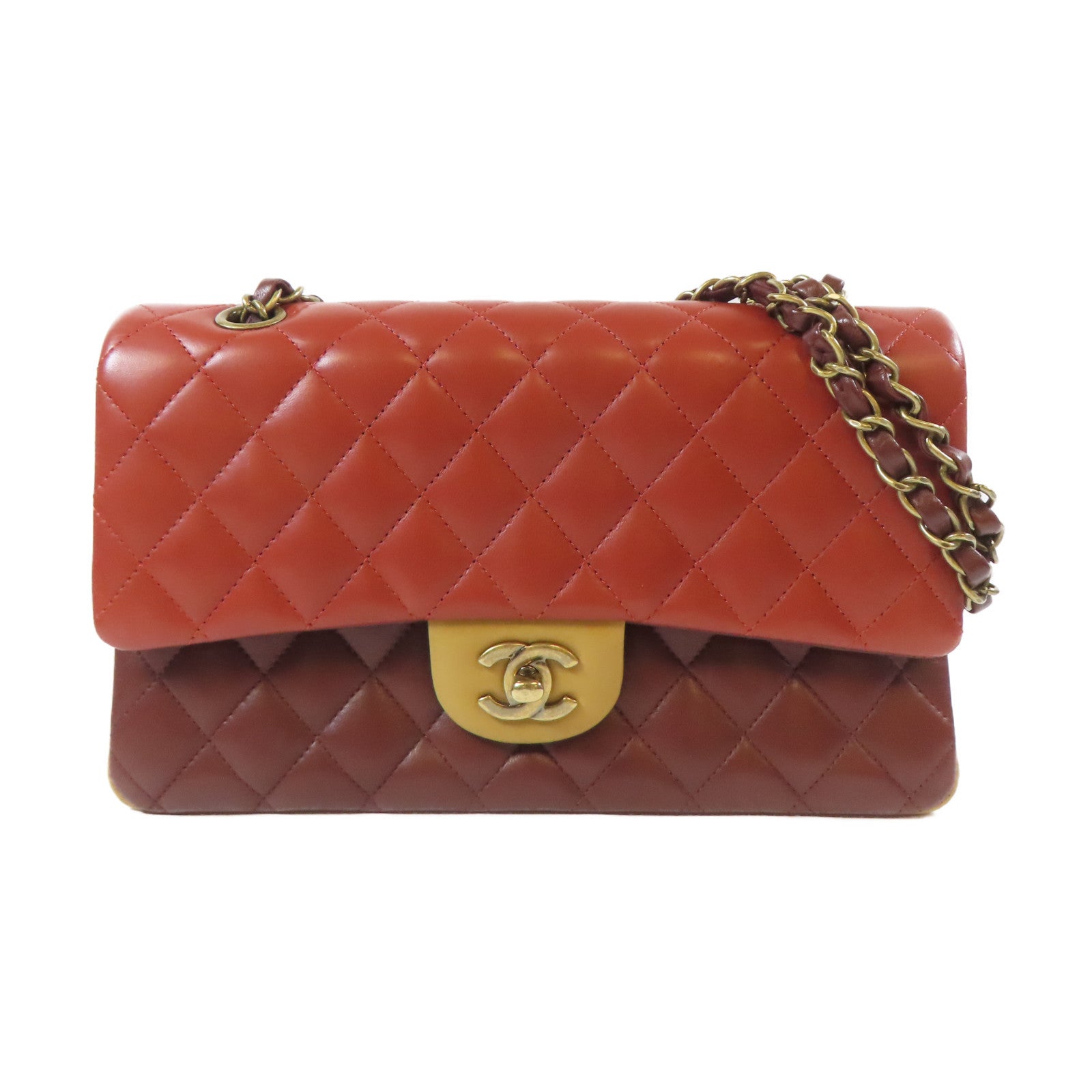 CHANEL 【激減優惠】菱格羊皮皮革Classic 25cm金扣鏈帶肩背袋紅色