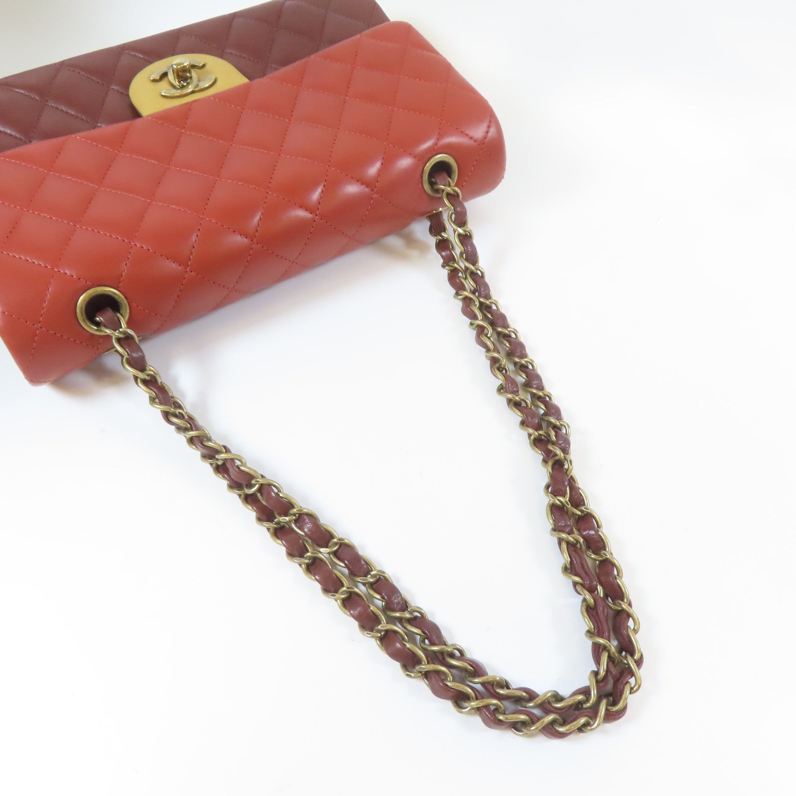 CHANEL 【激減優惠】菱格羊皮皮革Classic 25cm金扣鏈帶肩背袋紅色
