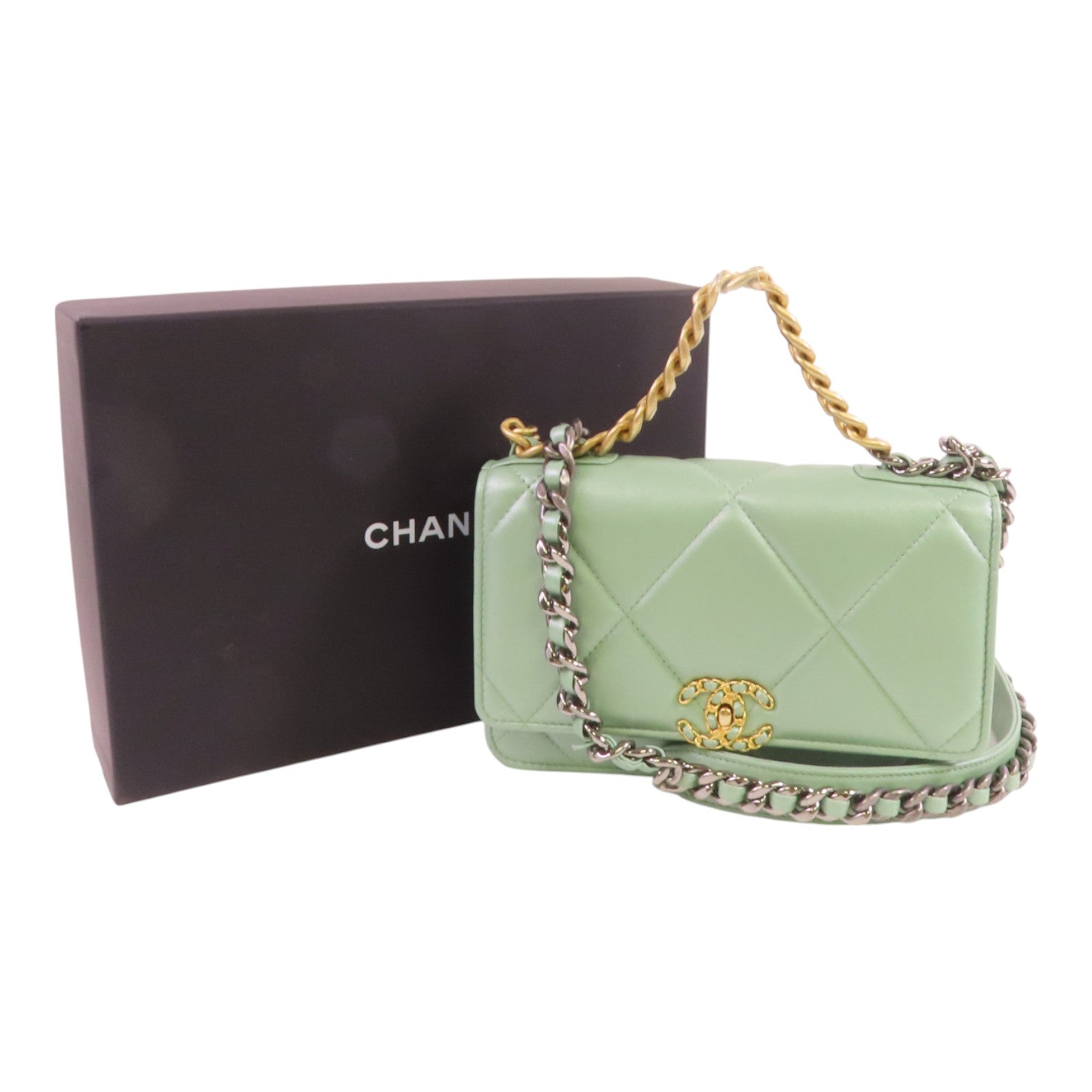 CHANEL CC GHW Chanel 19 WOC Hand Shoulder Bag Lambskin Leather Light Green