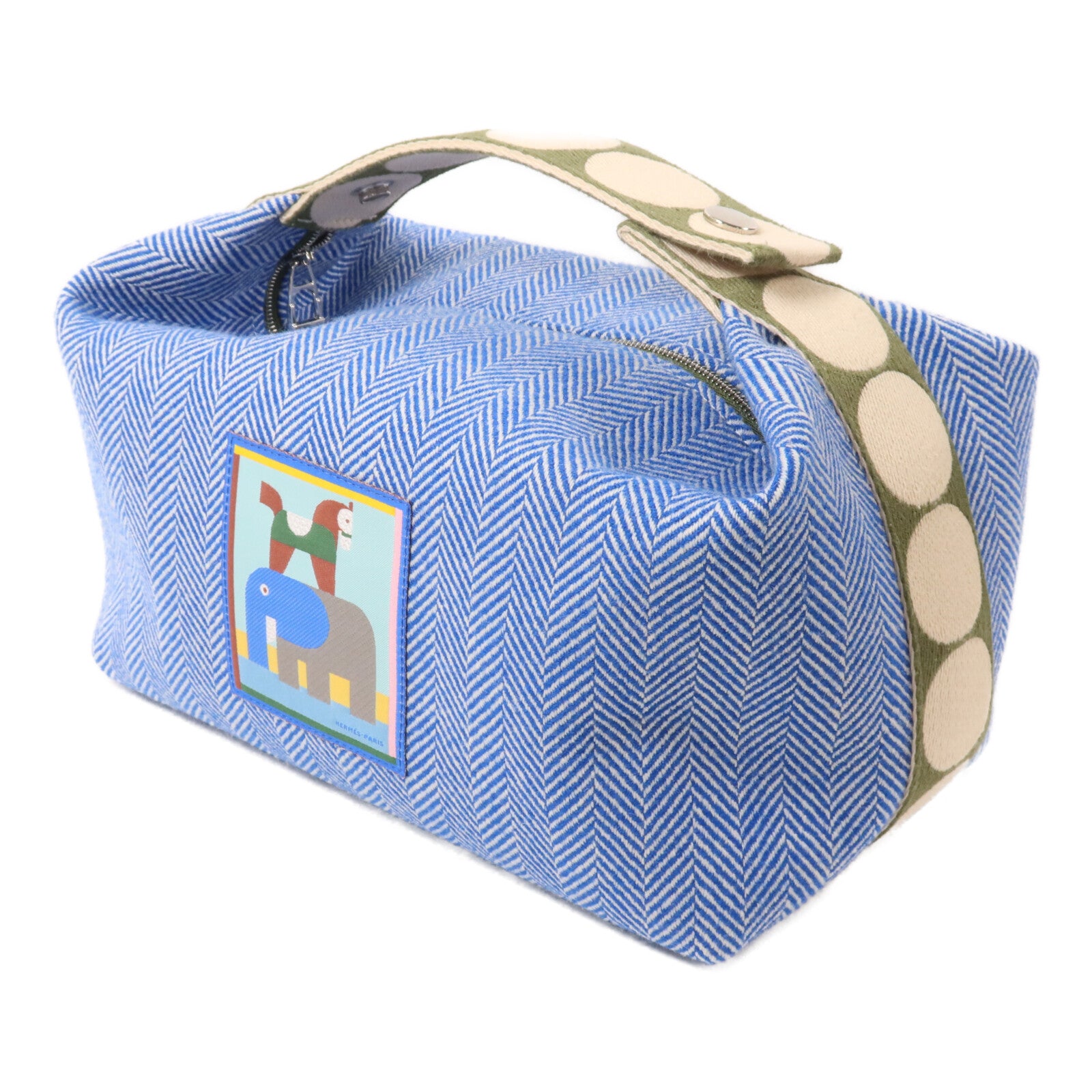 HERMES 羊毛/帆布Animaux Blocks Case Large手挽袋Bleu Gitane