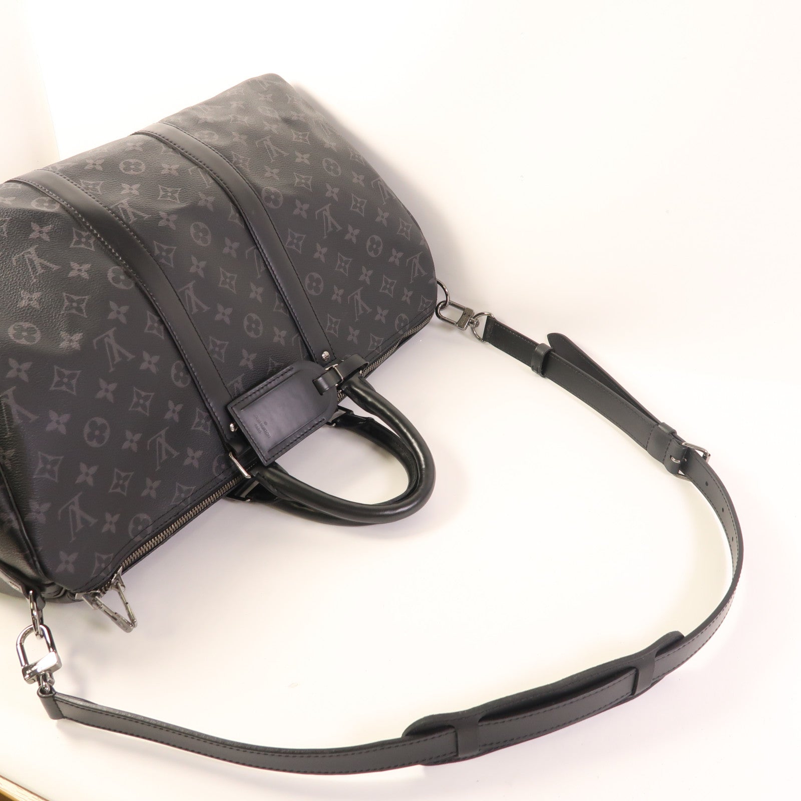 LOUIS VUITTON Monogram Eclipse Keepall 45 Bandouliere銀扣手挽肩背兩用袋