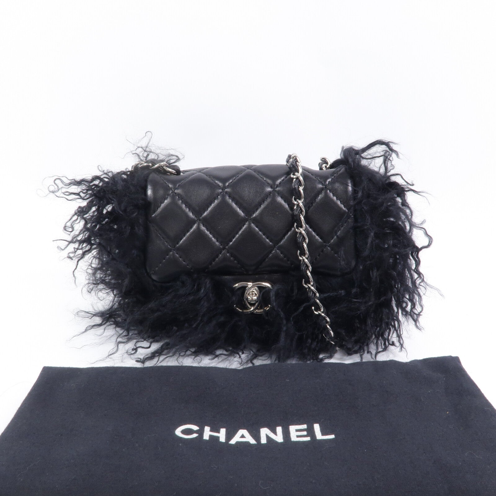 CHANEL 羊皮皮革/山羊毛Chain Shoulder鏈帶肩背袋