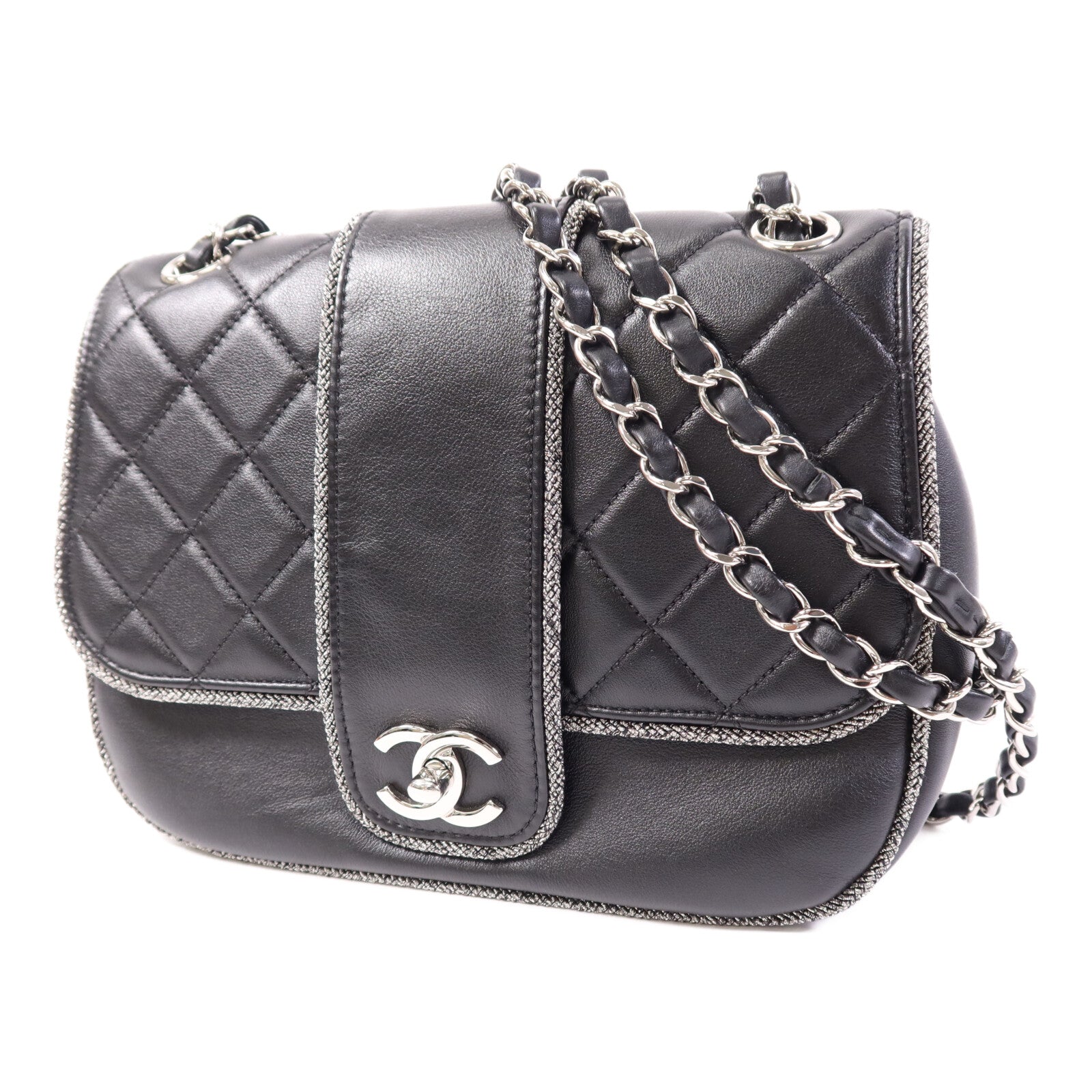 CHANEL 牛皮皮革Chain Shoulder Bag銀扣鏈帶肩背袋