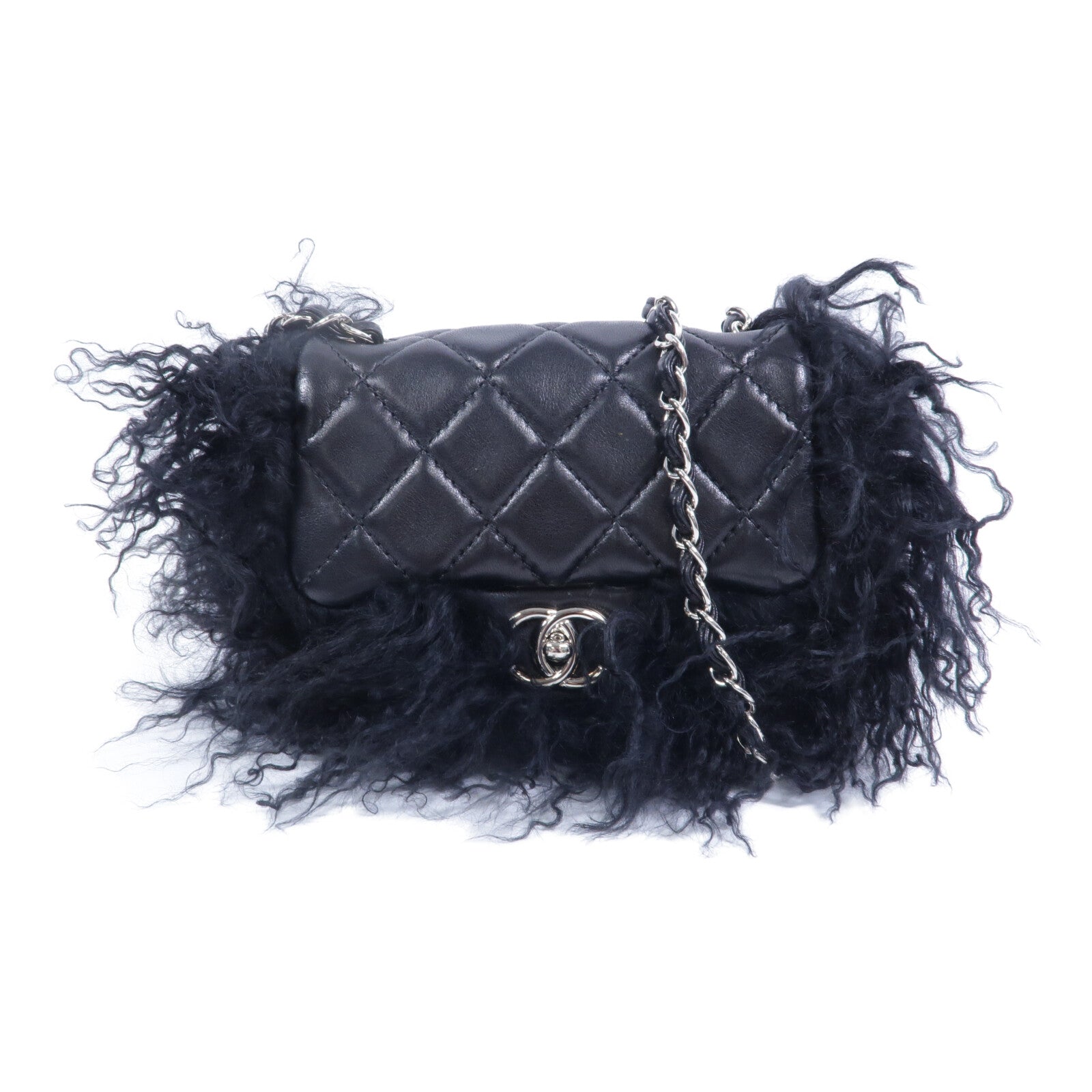 CHANEL 羊皮皮革/山羊毛Chain Shoulder鏈帶肩背袋