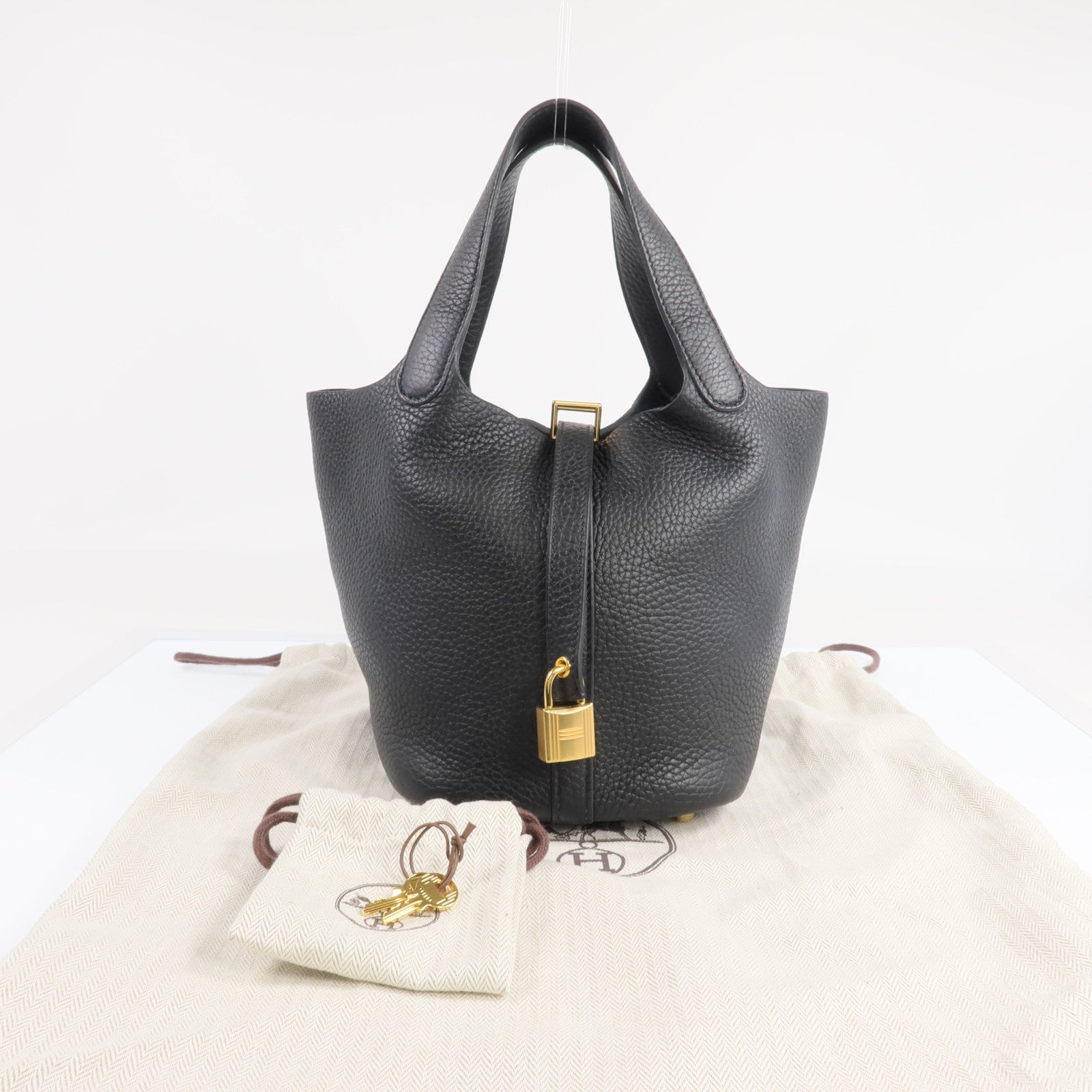 HERMES Clemence皮革Picotin PM金扣手挽袋Noir