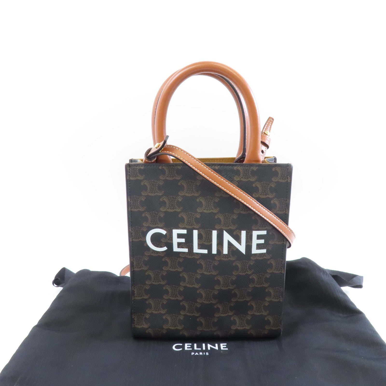 CELINE Triomphe帆布Mini Vertical Cabas金扣手挽肩背兩用袋啡色