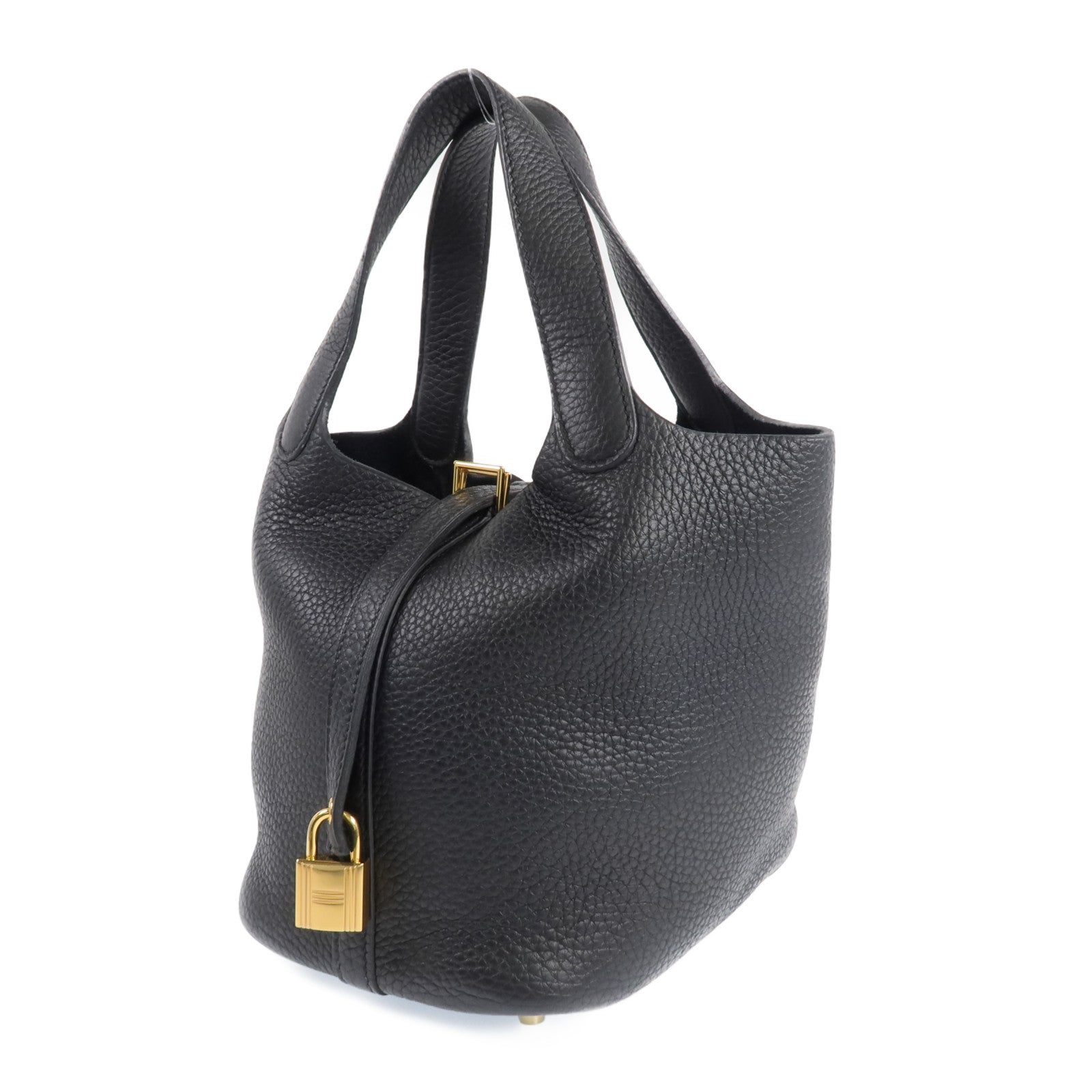 HERMES Clemence皮革Picotin PM金扣手挽袋Noir