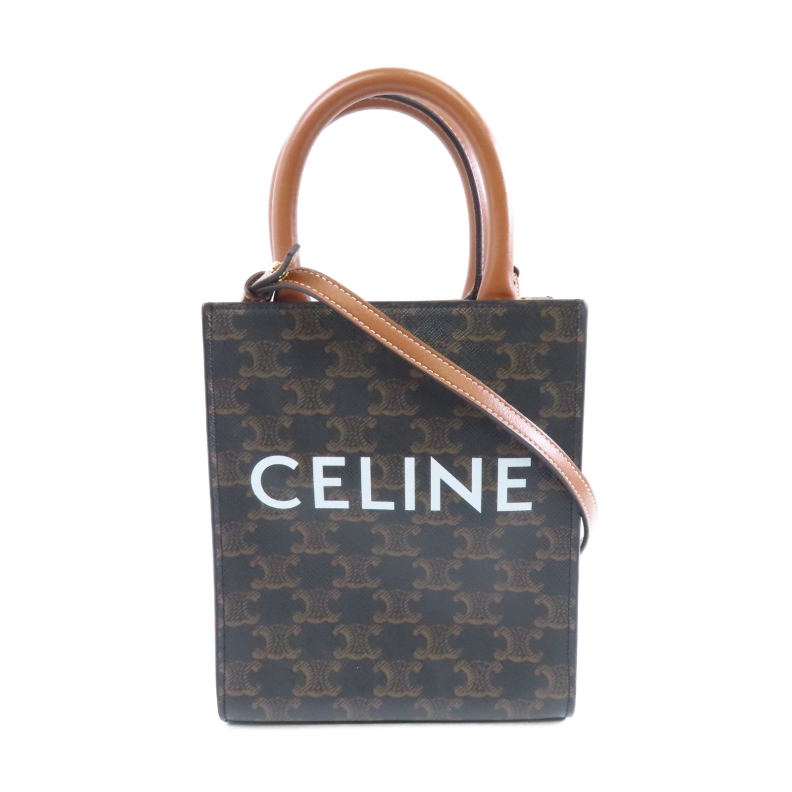 CELINE Triomphe帆布Mini Vertical Cabas金扣手挽肩背兩用袋啡色
