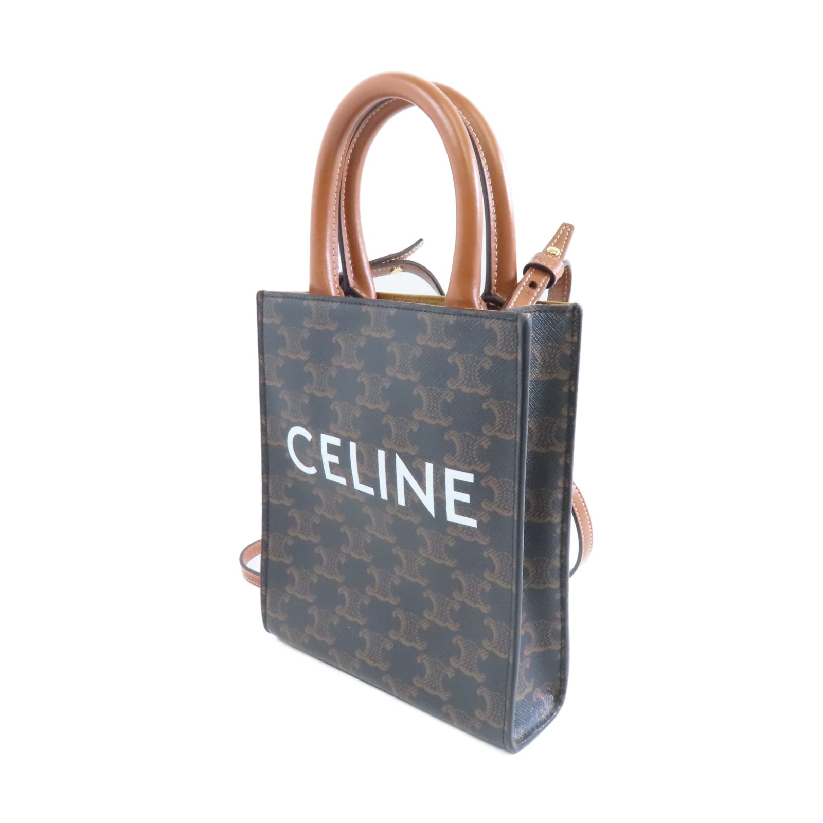 CELINE Triomphe帆布Mini Vertical Cabas金扣手挽肩背兩用袋啡色
