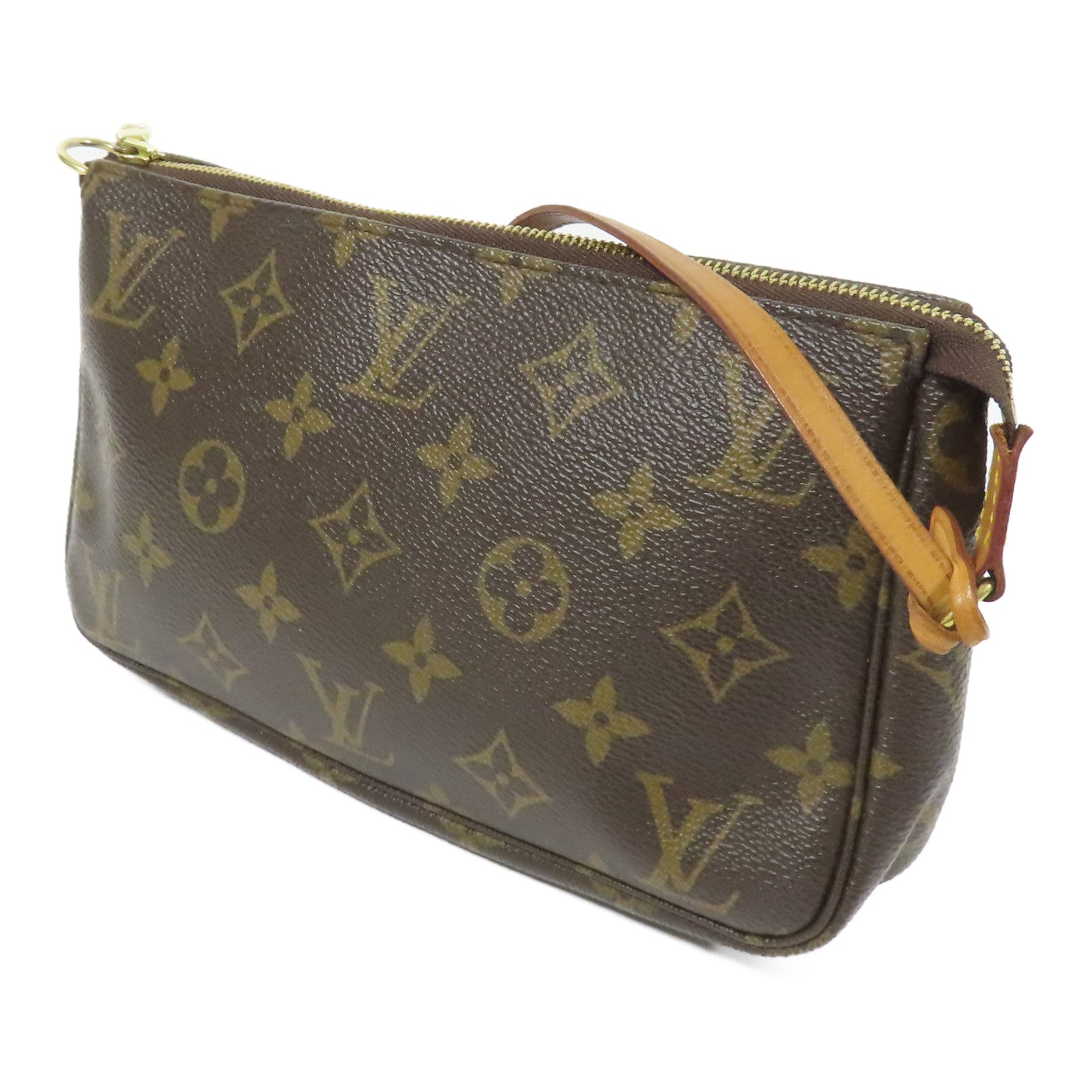 LOUIS VUITTON Monogram Pochette Accessoires金扣手挽袋棕色
