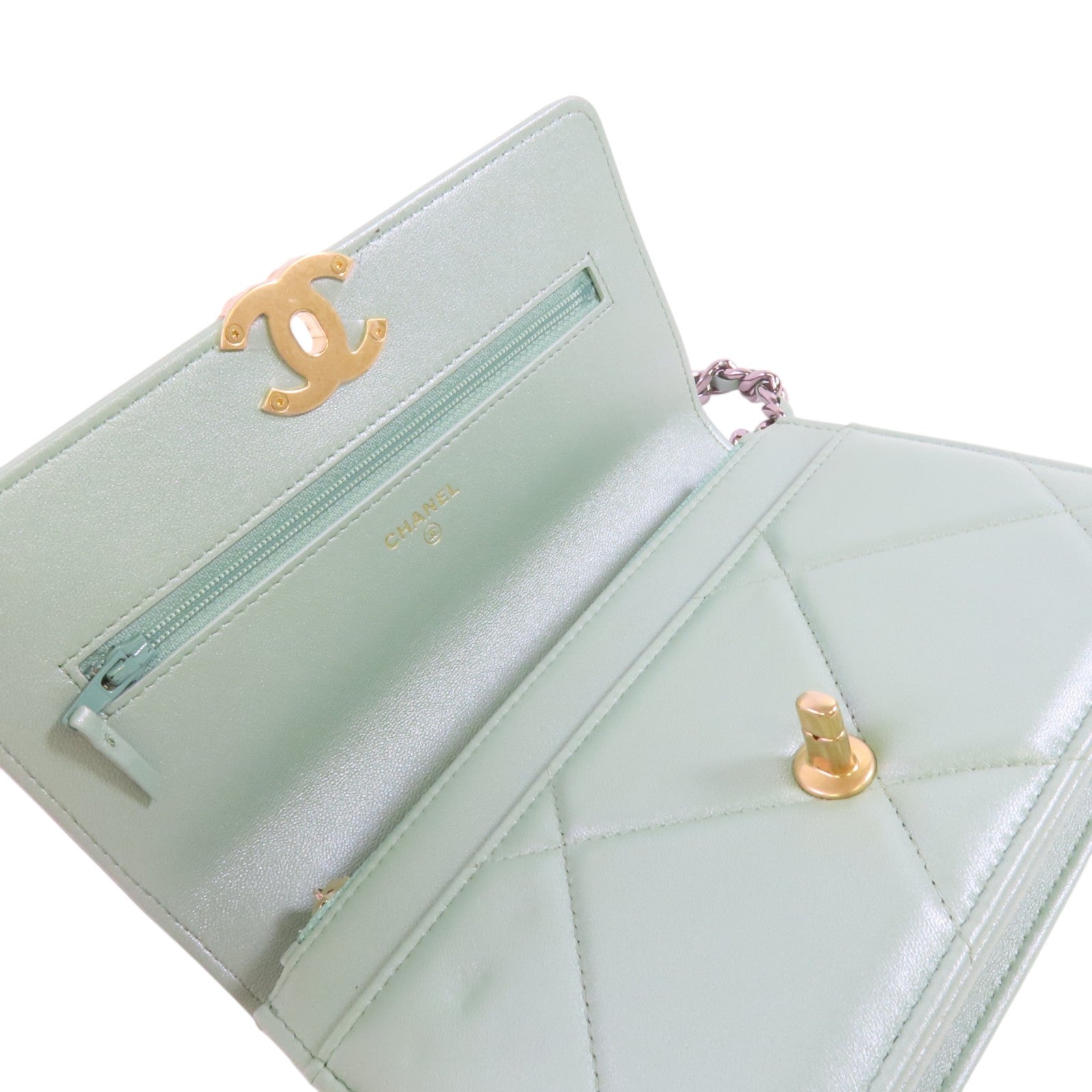 CHANEL CC GHW Chanel 19 WOC Hand Shoulder Bag Lambskin Leather Light Green