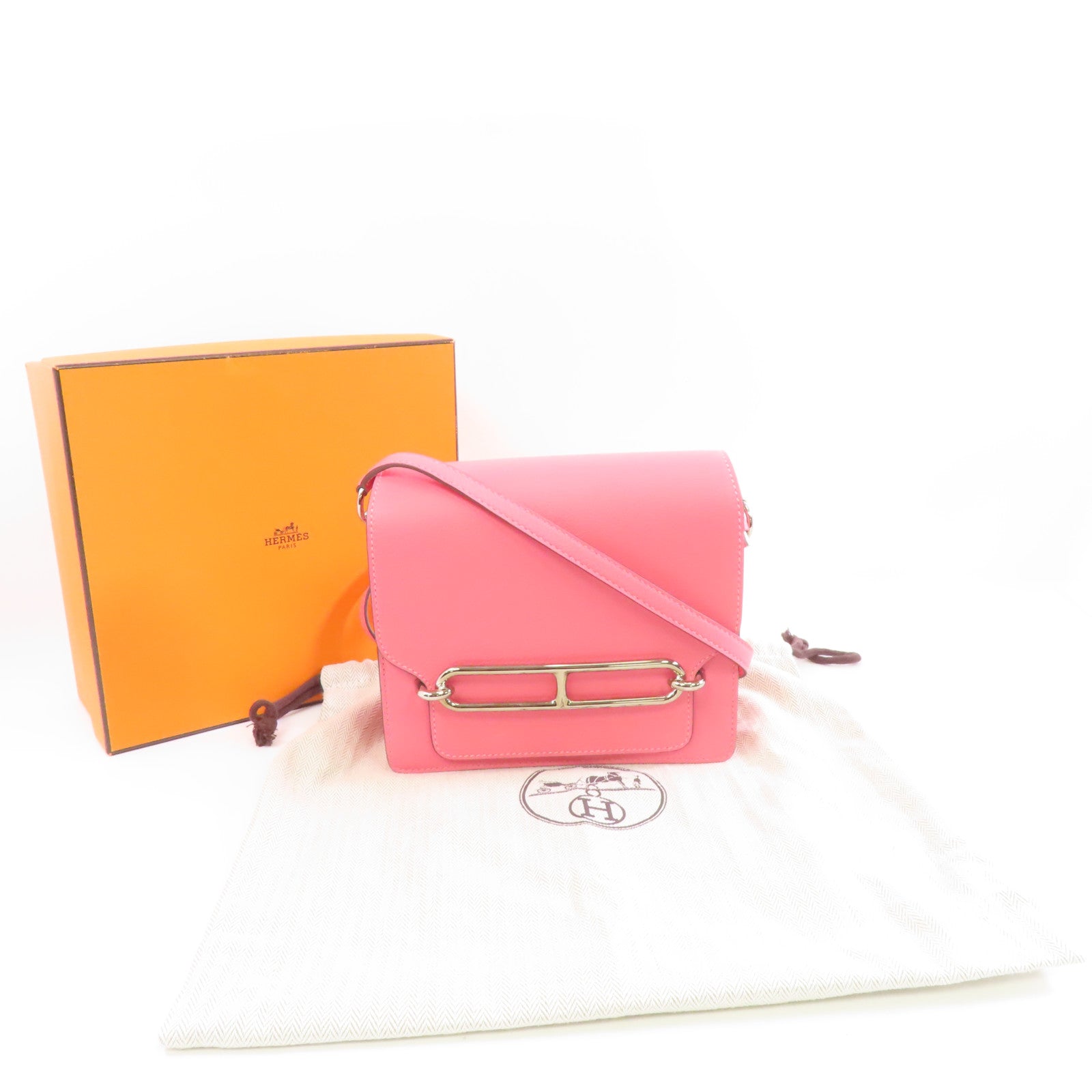 HERMES 【激減優惠】Evercolor皮革Mini Roulis銀扣肩背袋Rose Azalee粉紅色