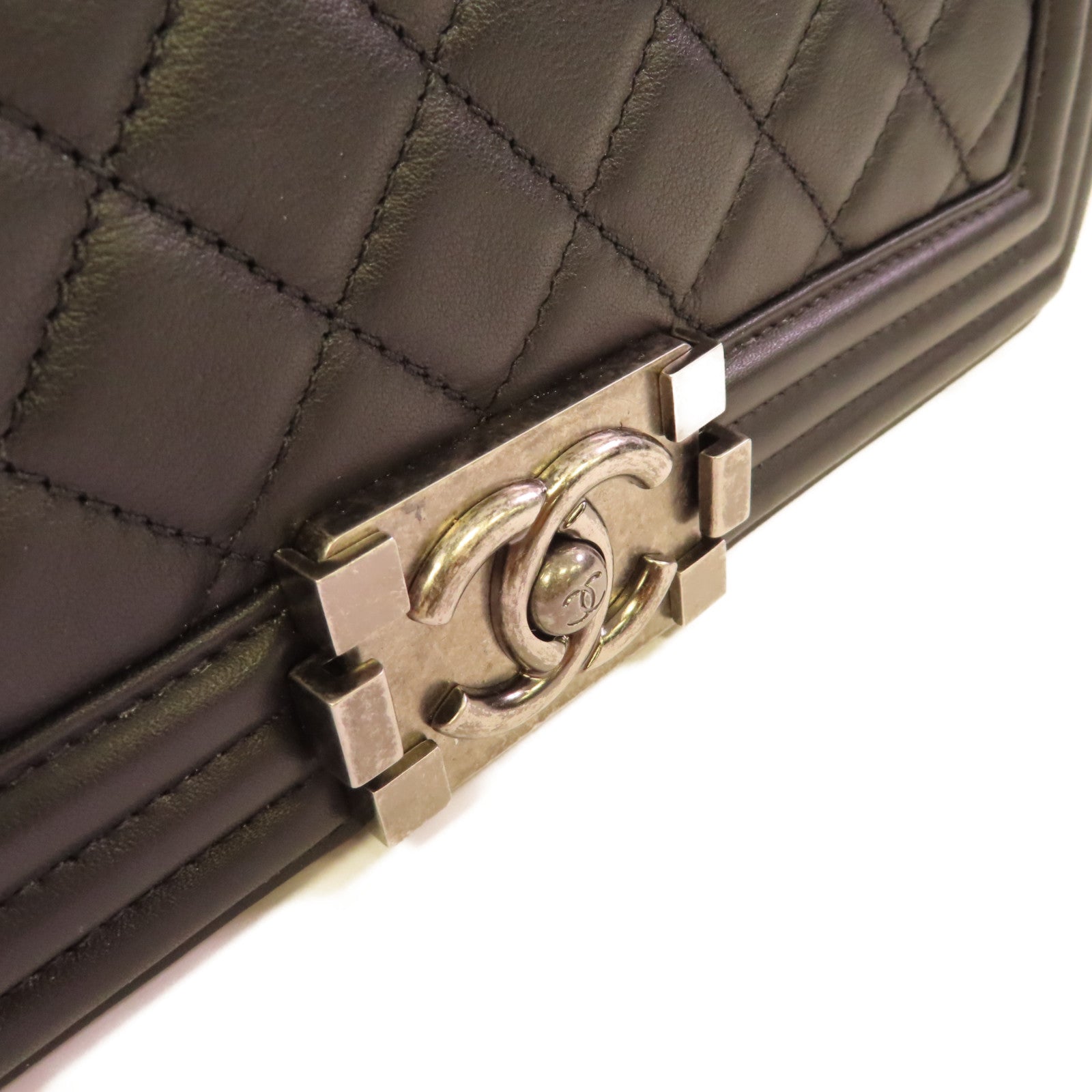 CHANEL 菱格羊皮皮革Boy 25cm Chain Shoulder Bag銀扣鏈帶肩背袋黑色