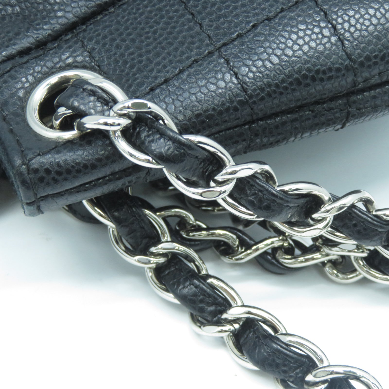 CHANEL Caviar皮革Chain Shoulder Bag銀扣鏈帶肩背袋黑色