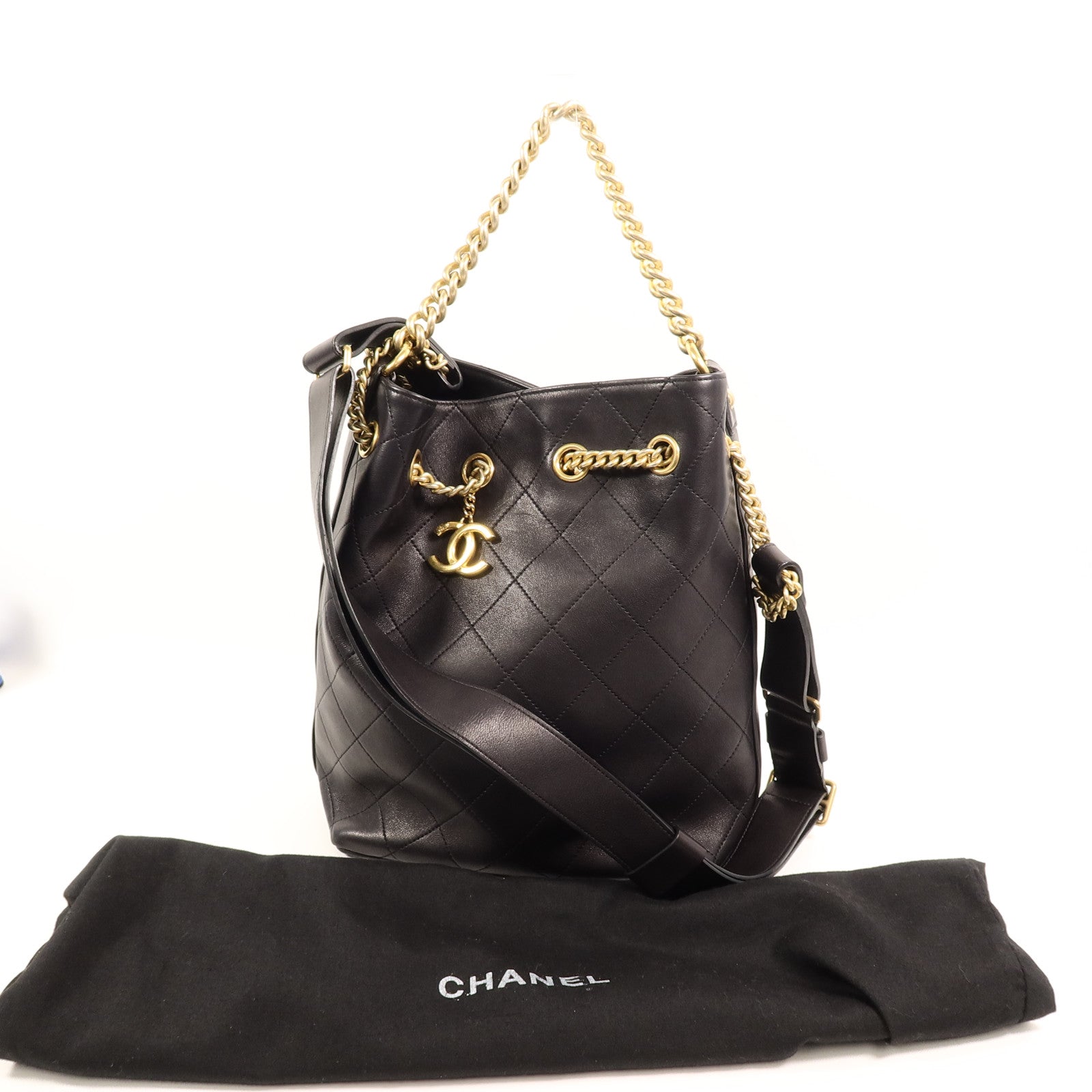 CHANEL 牛皮皮革Drawstring Bucket鏈帶手挽肩背兩用袋