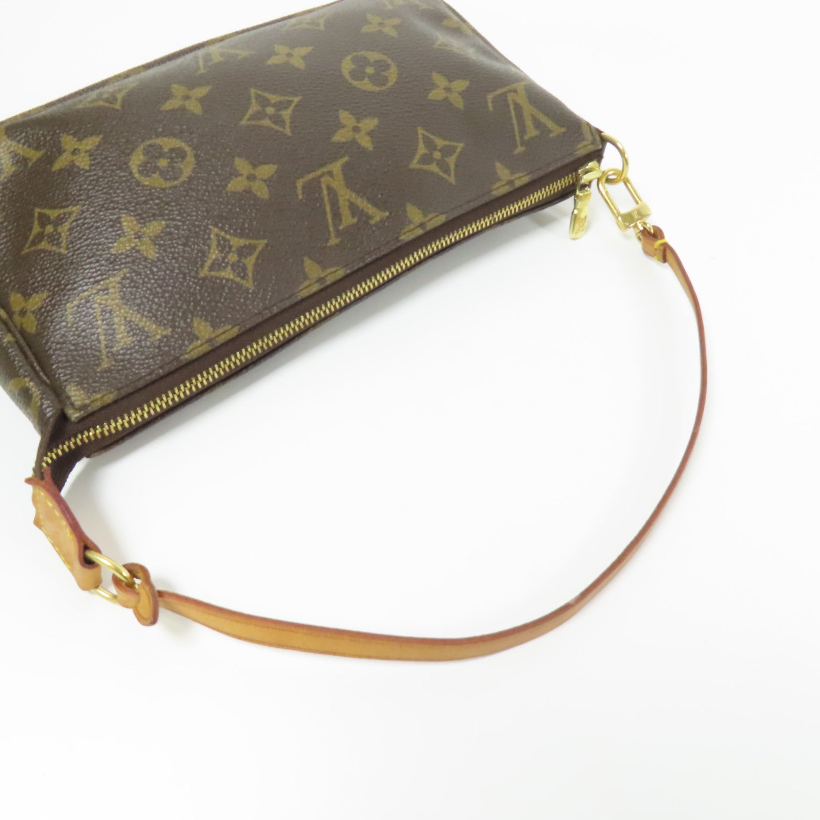 LOUIS VUITTON Monogram Pochette Accessoires金扣手挽袋棕色