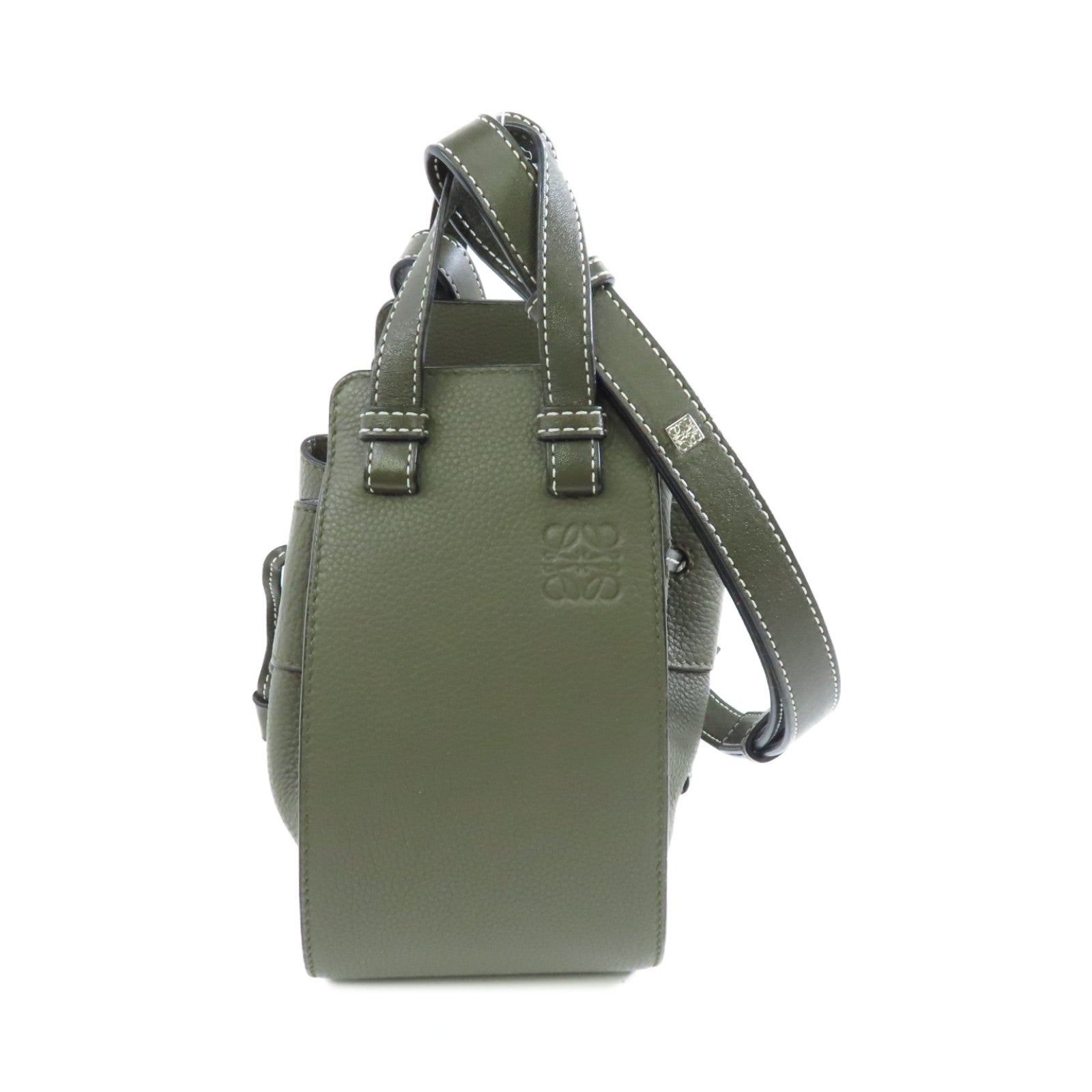 LOEWE 【激減優惠】牛皮皮革Mini Hammock Drawstring Bag銀扣手挽肩背兩用袋卡其色