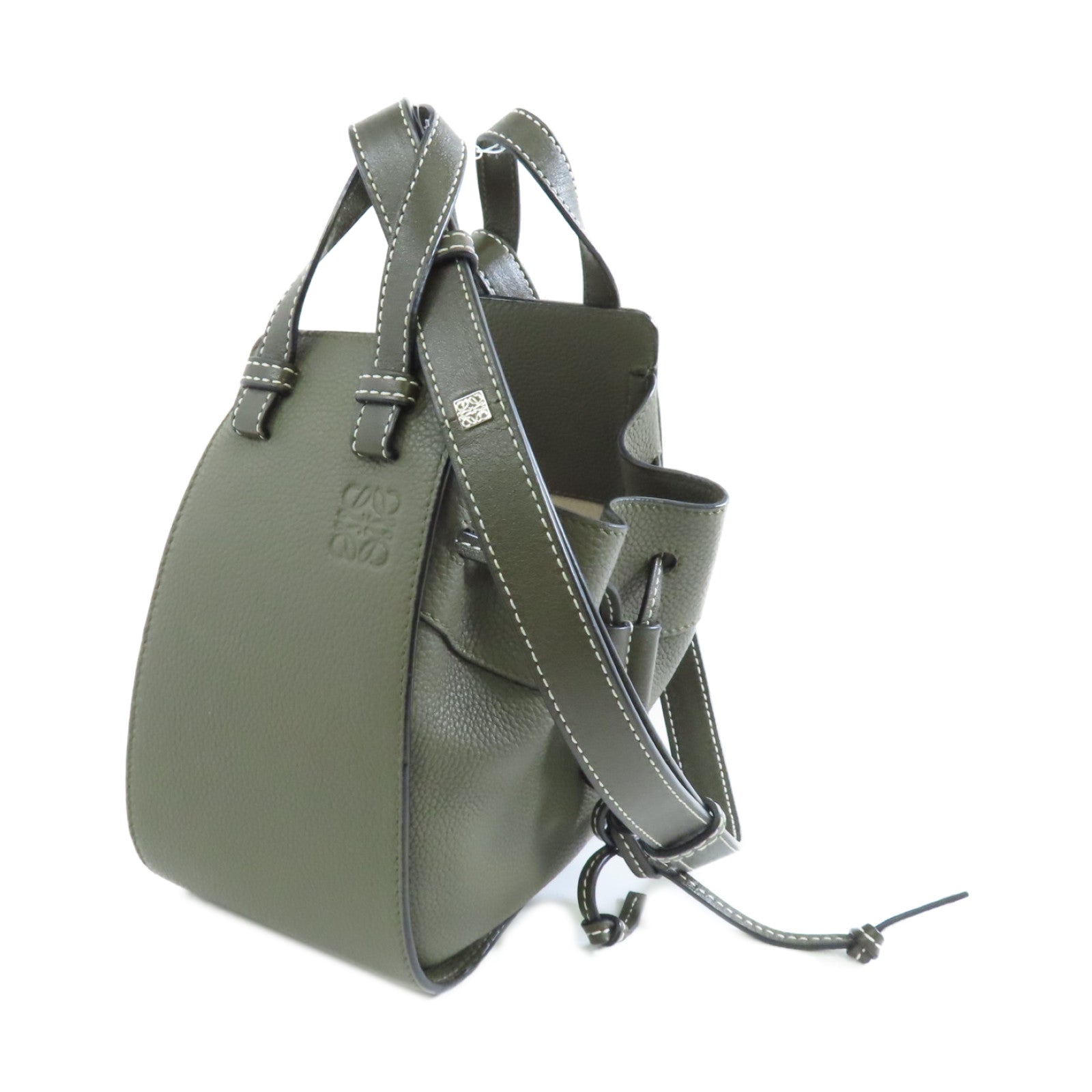 LOEWE 【激減優惠】牛皮皮革Mini Hammock Drawstring Bag銀扣手挽肩背兩用袋卡其色