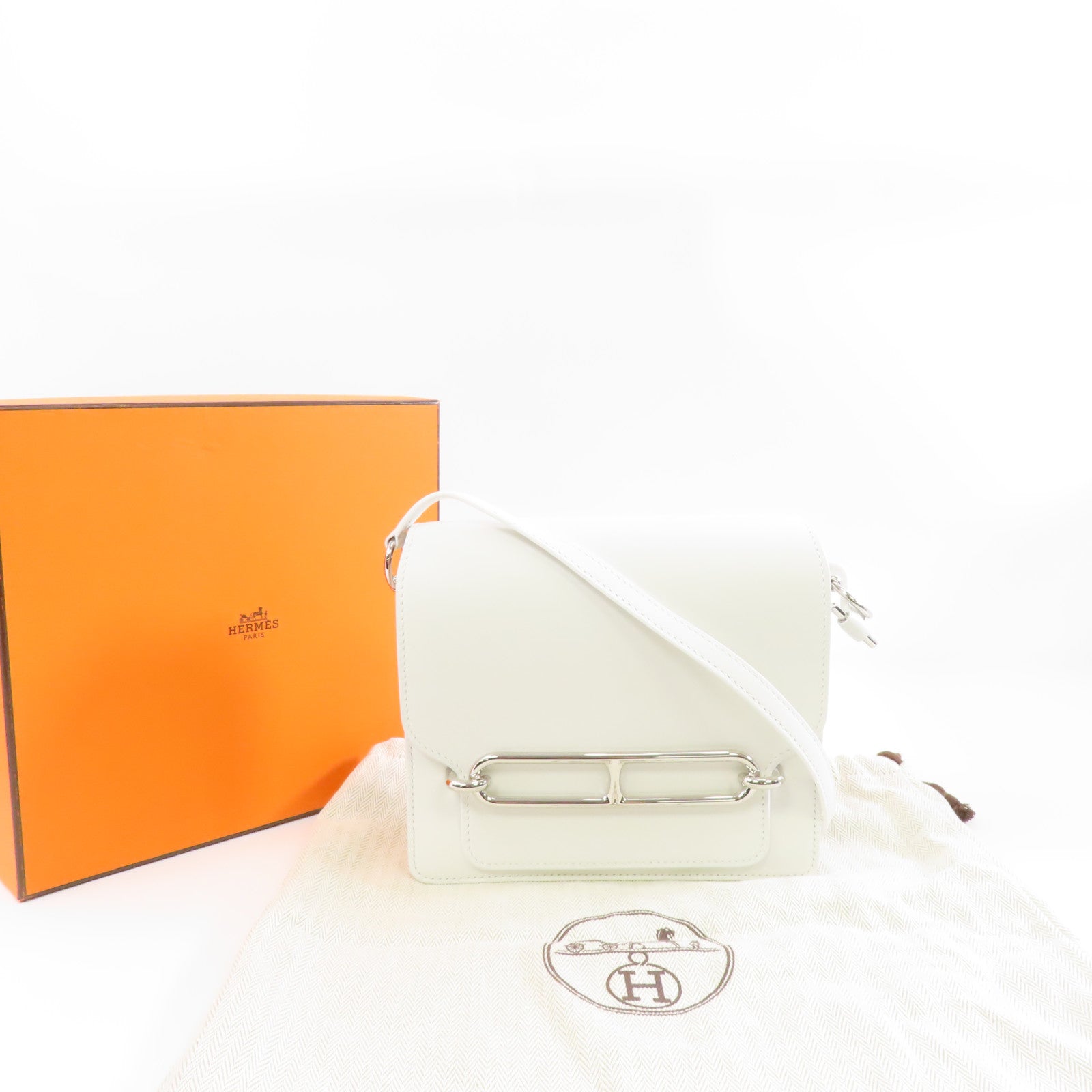HERMES 【激減優惠】Evercolor皮革Mini Roulis銀扣肩背袋Blanc白色