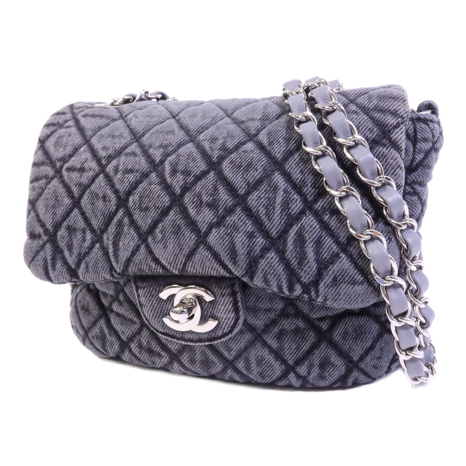 CHANEL 牛仔布Chain Shoulder Bag銀扣鏈帶肩背袋