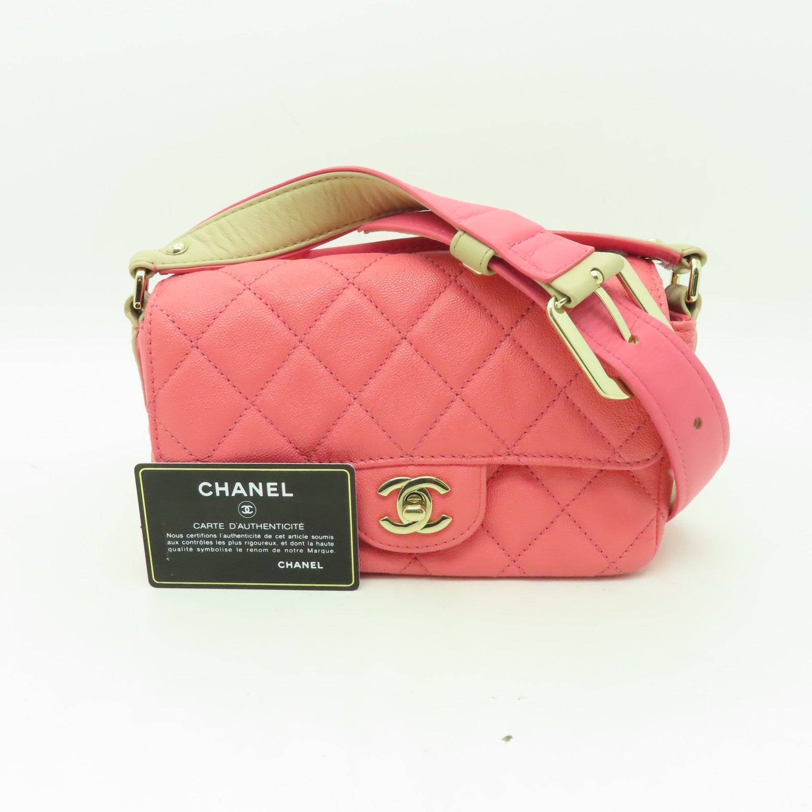 CHANEL 【清倉大減價】菱格Caviar皮革Mini Flap金扣肩背袋粉紅色
