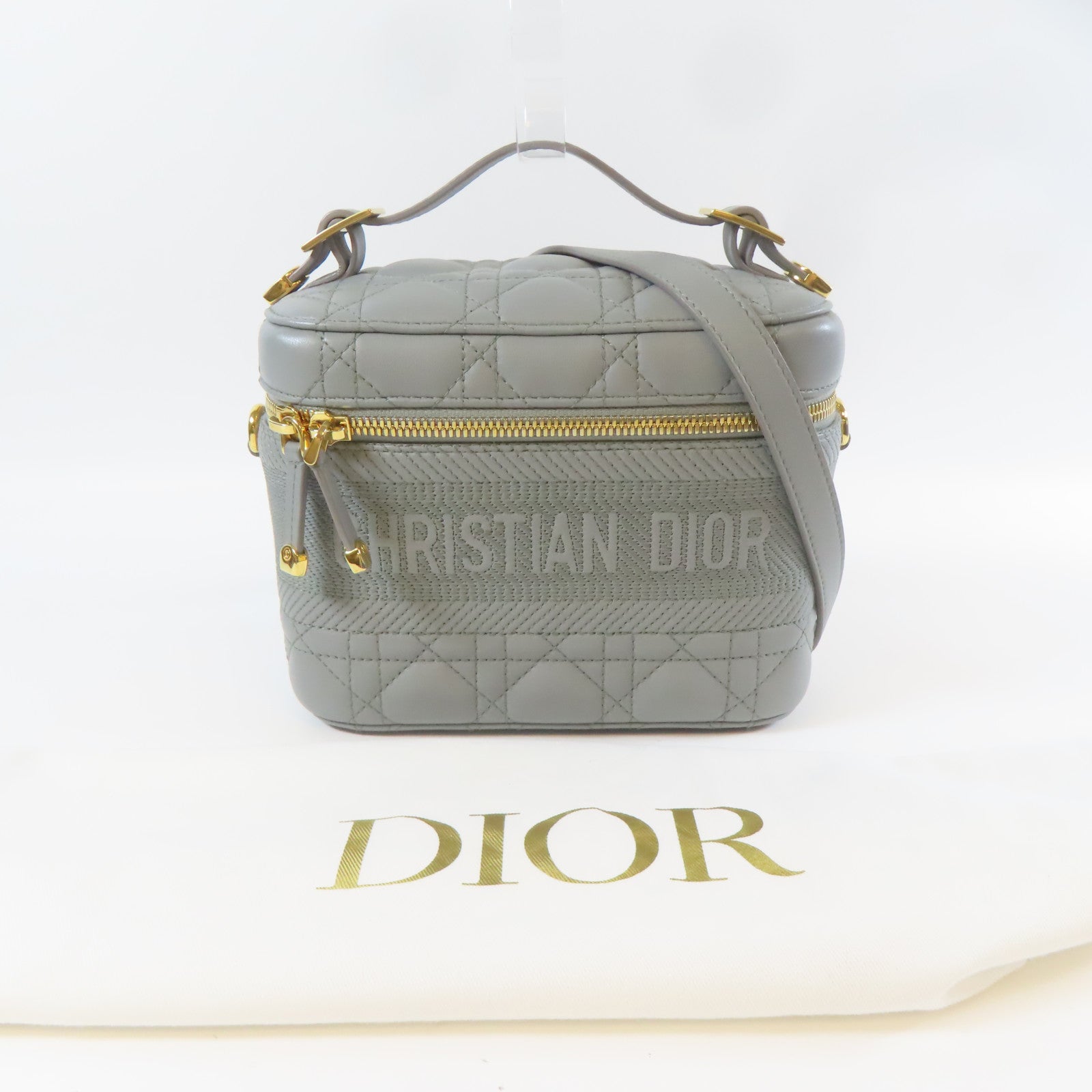 Dior 羊皮皮革Travel Vanity Case金扣手挽肩背兩用袋灰色