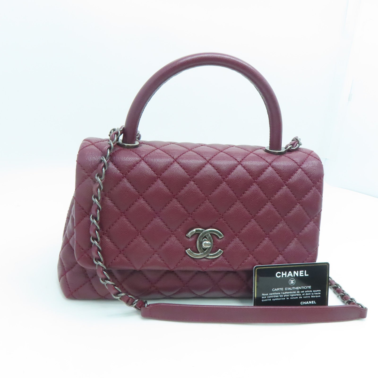 CHANEL 【激減優惠】菱格Caviar皮革Coco Handle Chain Shoulder銀扣手挽肩背兩用袋紅色
