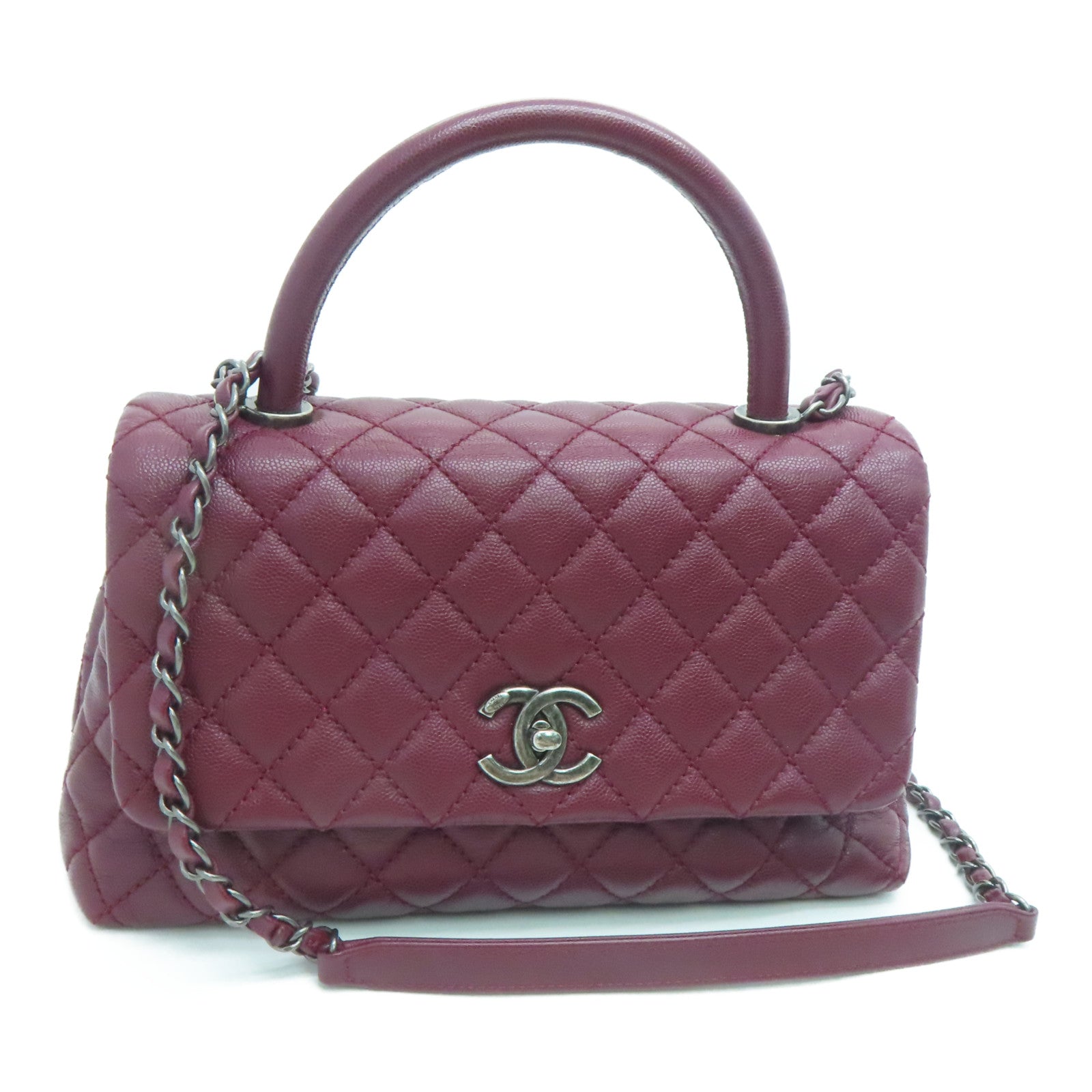 CHANEL 【激減優惠】菱格Caviar皮革Coco Handle Chain Shoulder銀扣手挽肩背兩用袋紅色