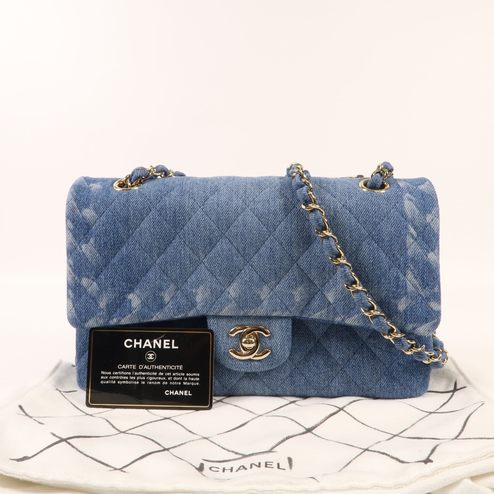 CHANEL 牛仔布Classic 25金扣鏈帶肩背袋