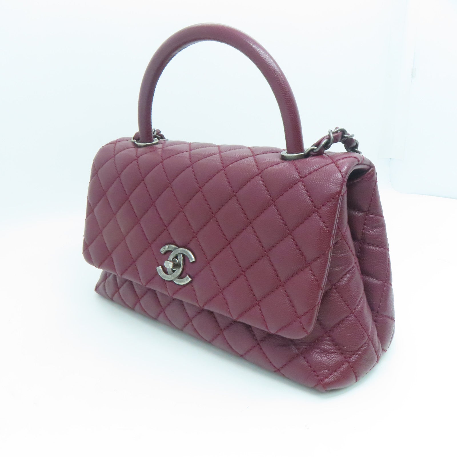 CHANEL 【激減優惠】菱格Caviar皮革Coco Handle Chain Shoulder銀扣手挽肩背兩用袋紅色