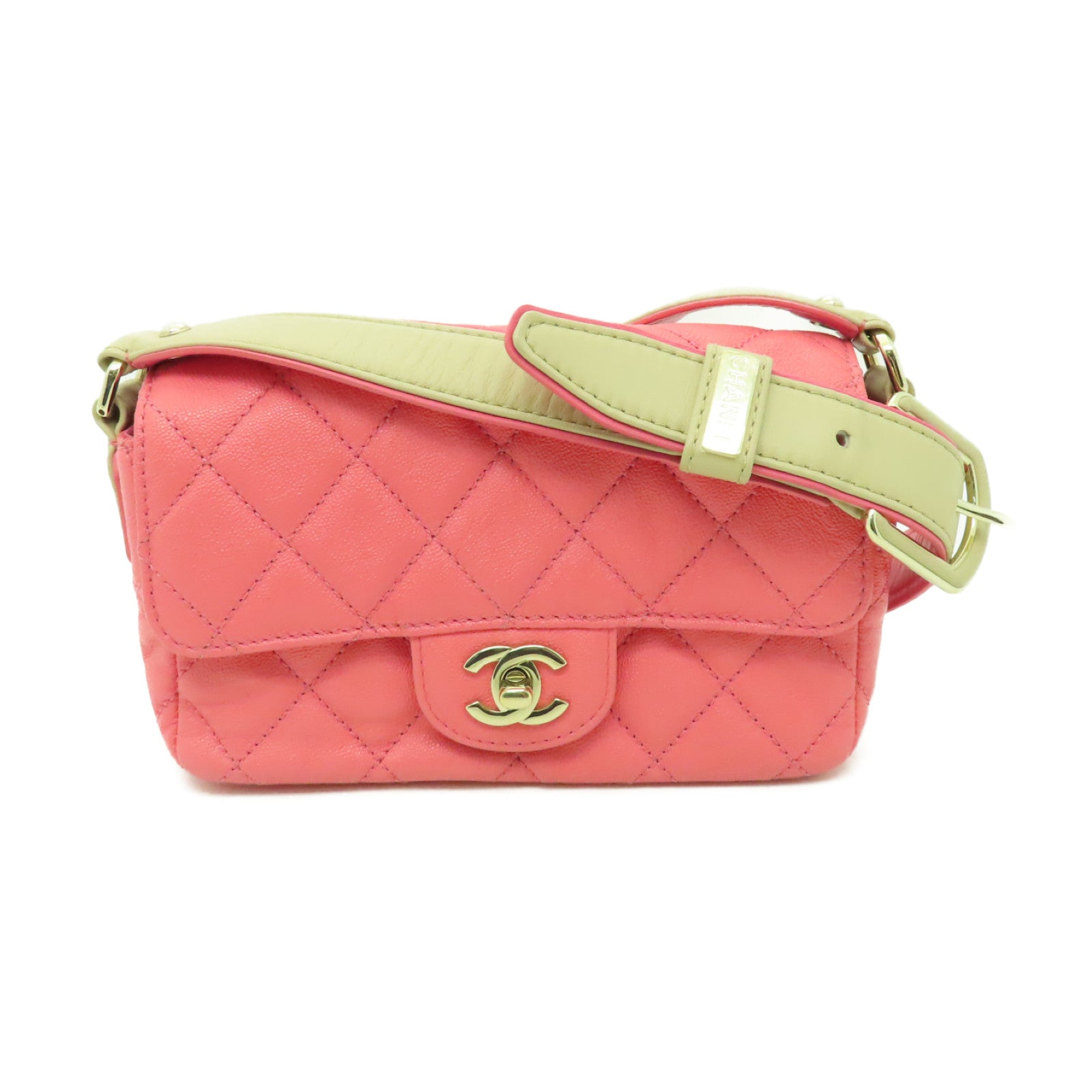 CHANEL 【清倉大減價】菱格Caviar皮革Mini Flap金扣肩背袋粉紅色