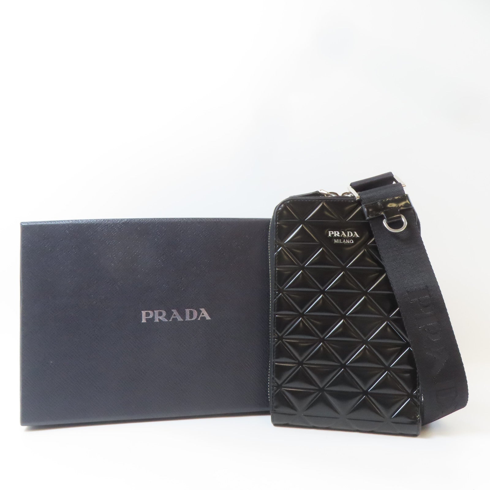 PRADA 【激減優惠】皮革Leather Phone Case Shoulder Bag銀扣肩背袋黑色