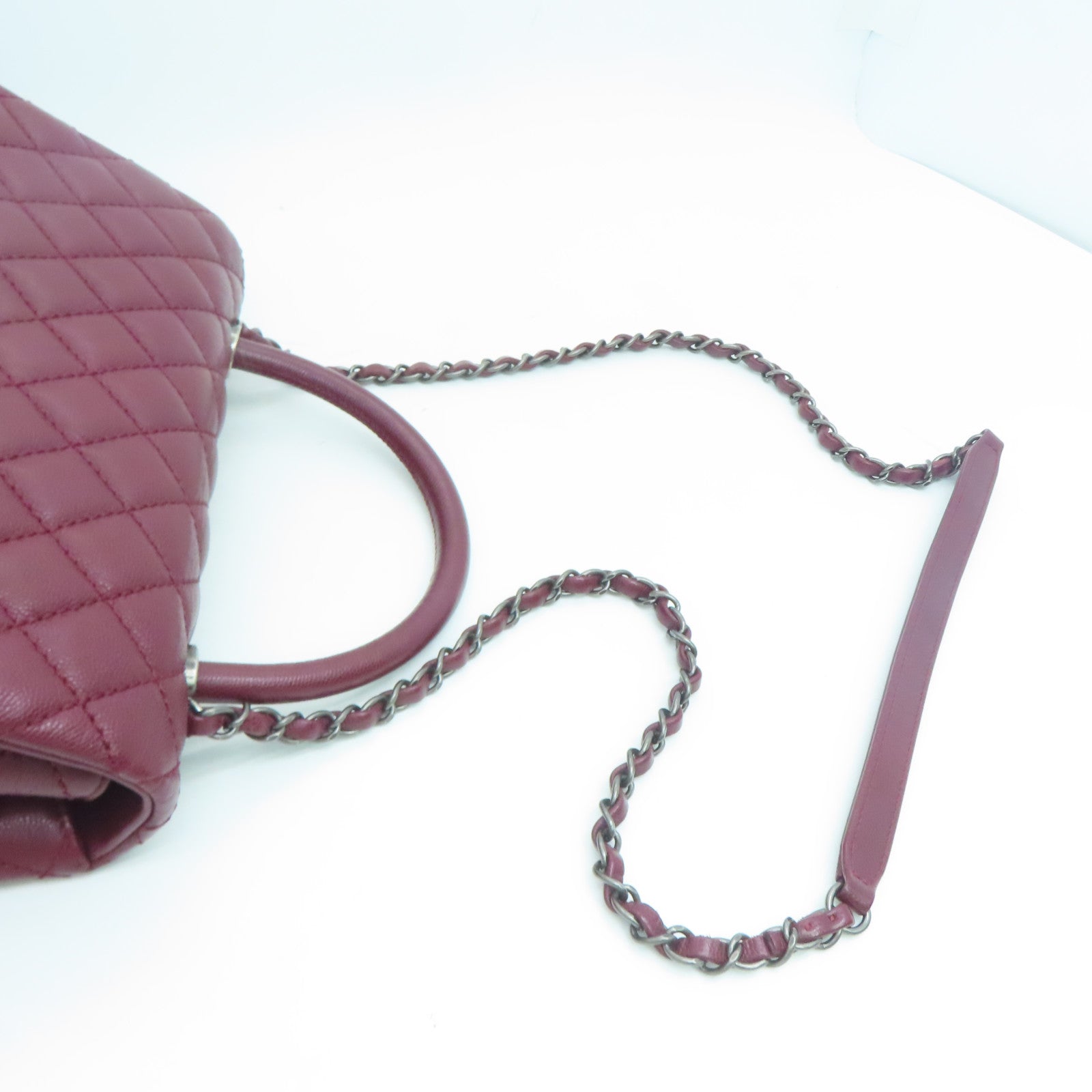 CHANEL 【激減優惠】菱格Caviar皮革Coco Handle Chain Shoulder銀扣手挽肩背兩用袋紅色