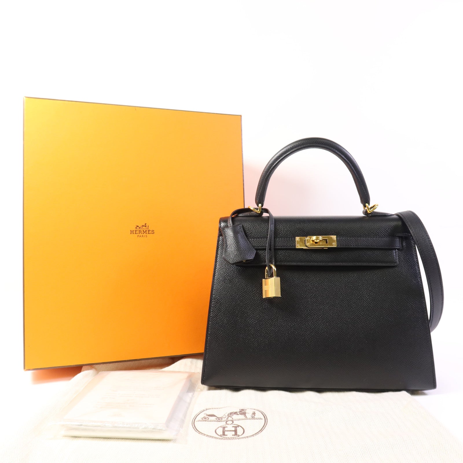 HERMES Epsom皮革Kelly 25金扣手挽肩背兩用袋Noir