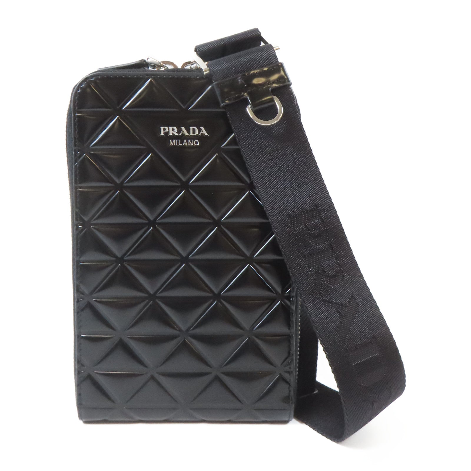 PRADA 【激減優惠】皮革Leather Phone Case Shoulder Bag銀扣肩背袋黑色