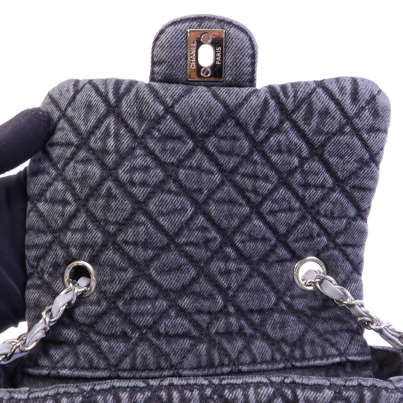 CHANEL 牛仔布Chain Shoulder Bag銀扣鏈帶肩背袋