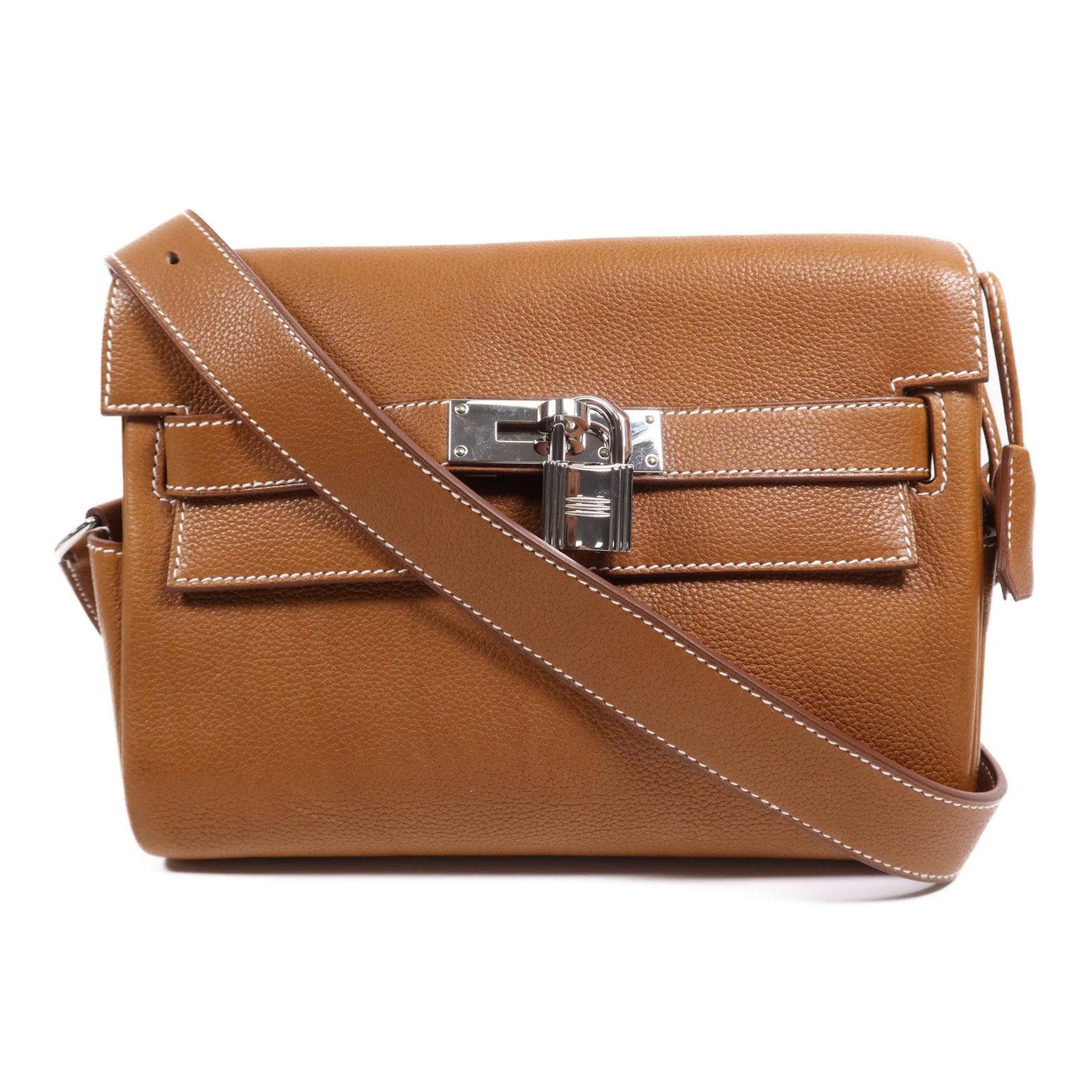 HERMES Barenia皮革Kelly Messenger PM銀扣肩背袋Fauve