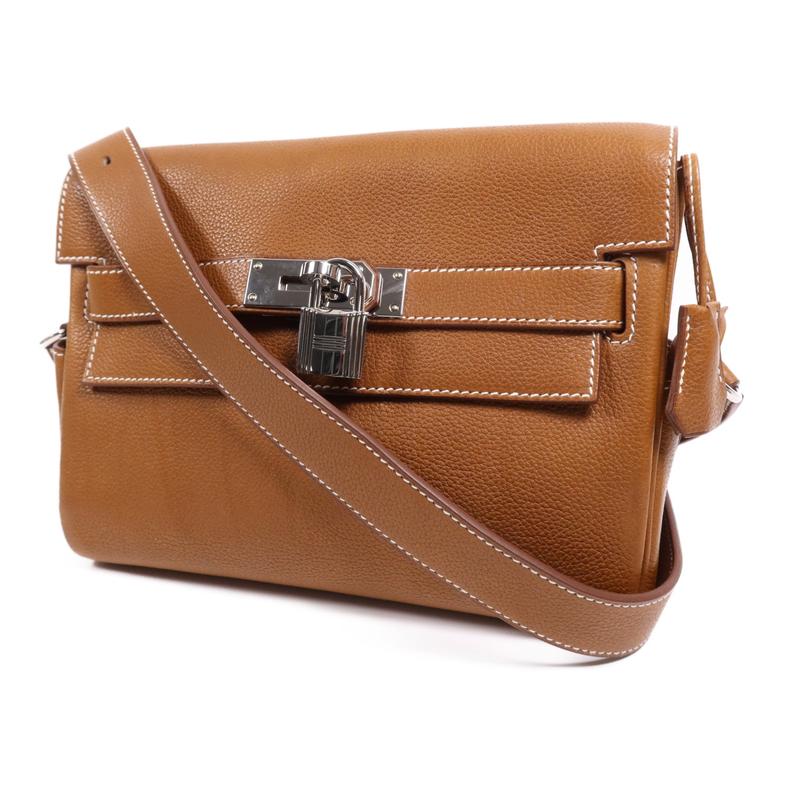 HERMES Barenia皮革Kelly Messenger PM銀扣肩背袋Fauve