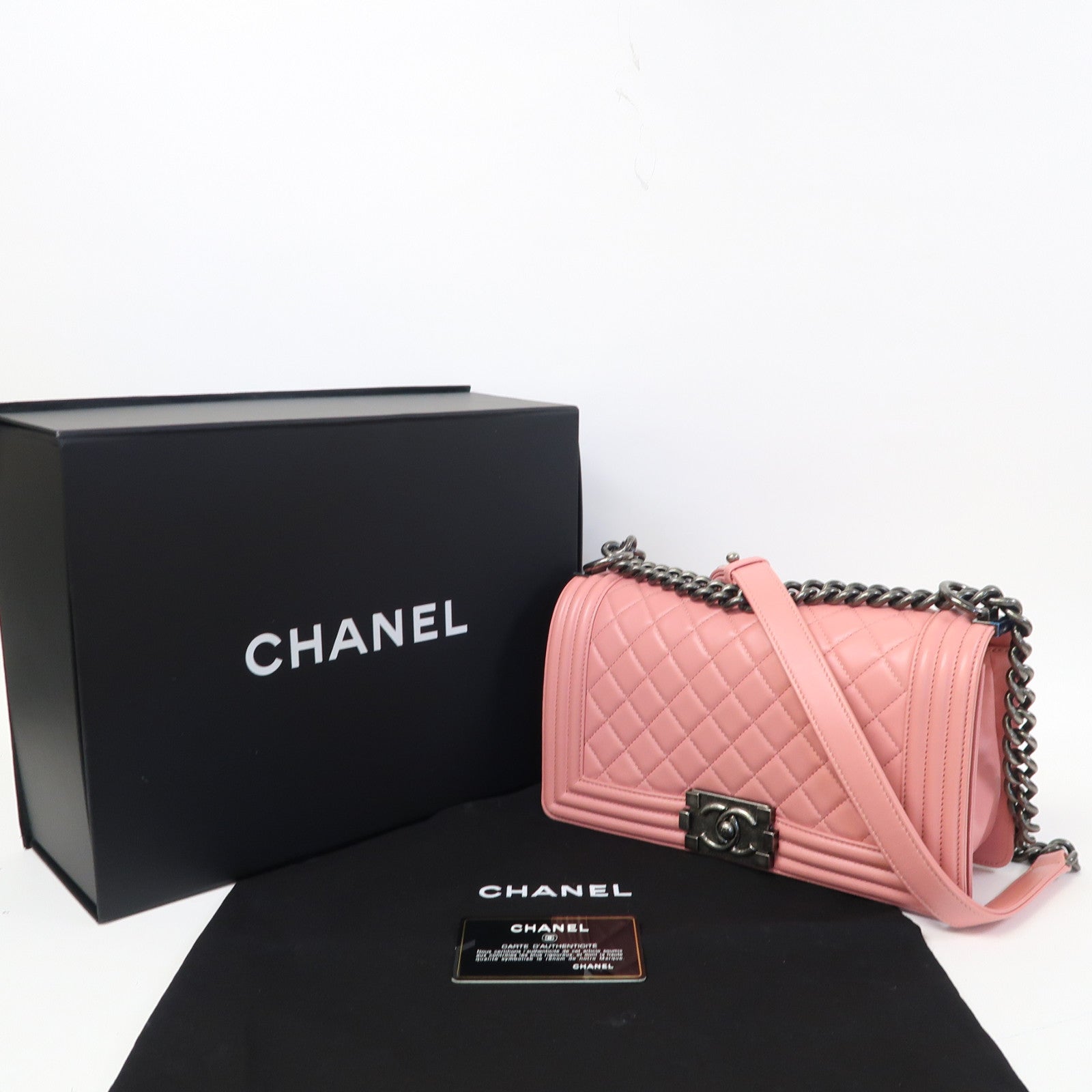 CHANEL 菱格皮革Boy 25銀扣鏈帶肩背袋粉紅色