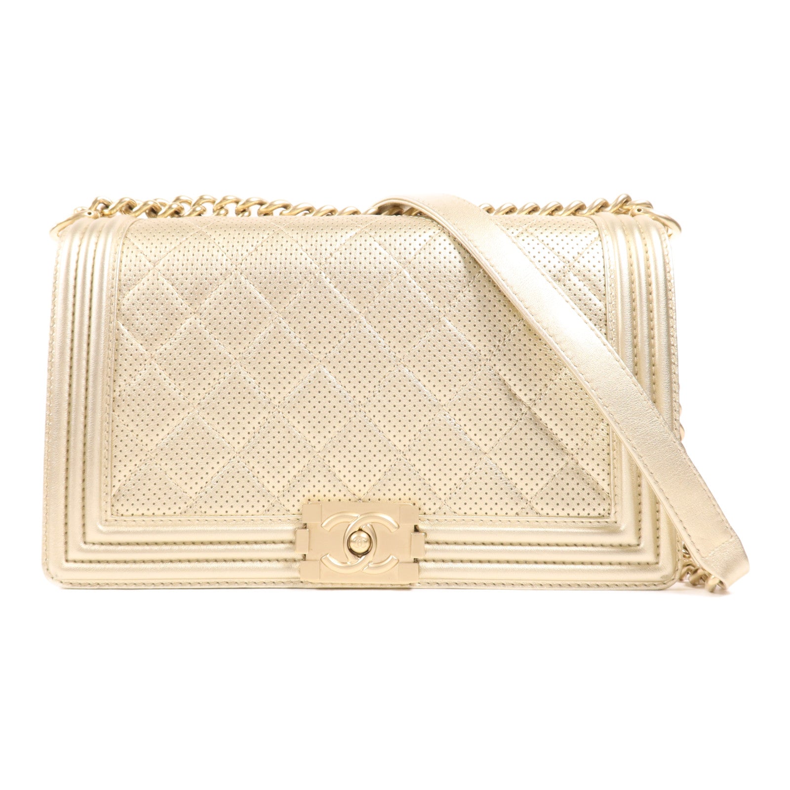 CHANEL 牛皮皮革Boy 28金扣鏈帶肩背袋