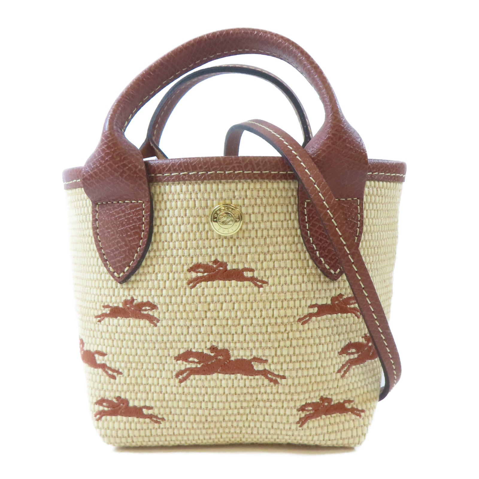 Longchamp 藤料/牛皮皮革Le Panier Pliage Basket金扣手挽肩背兩用袋啡色