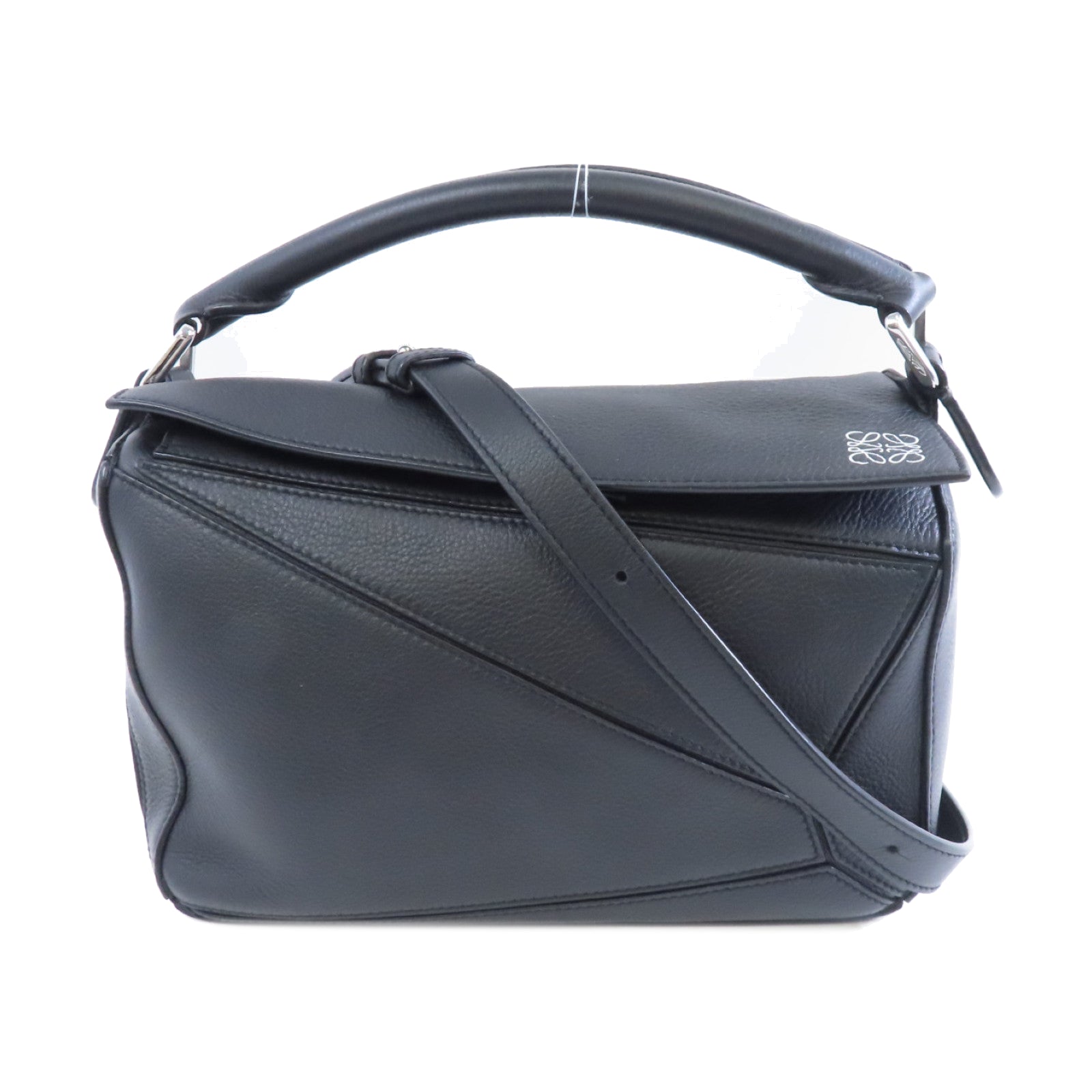 LOEWE 牛皮皮革Puzzle Small銀扣手挽肩背兩用袋黑色