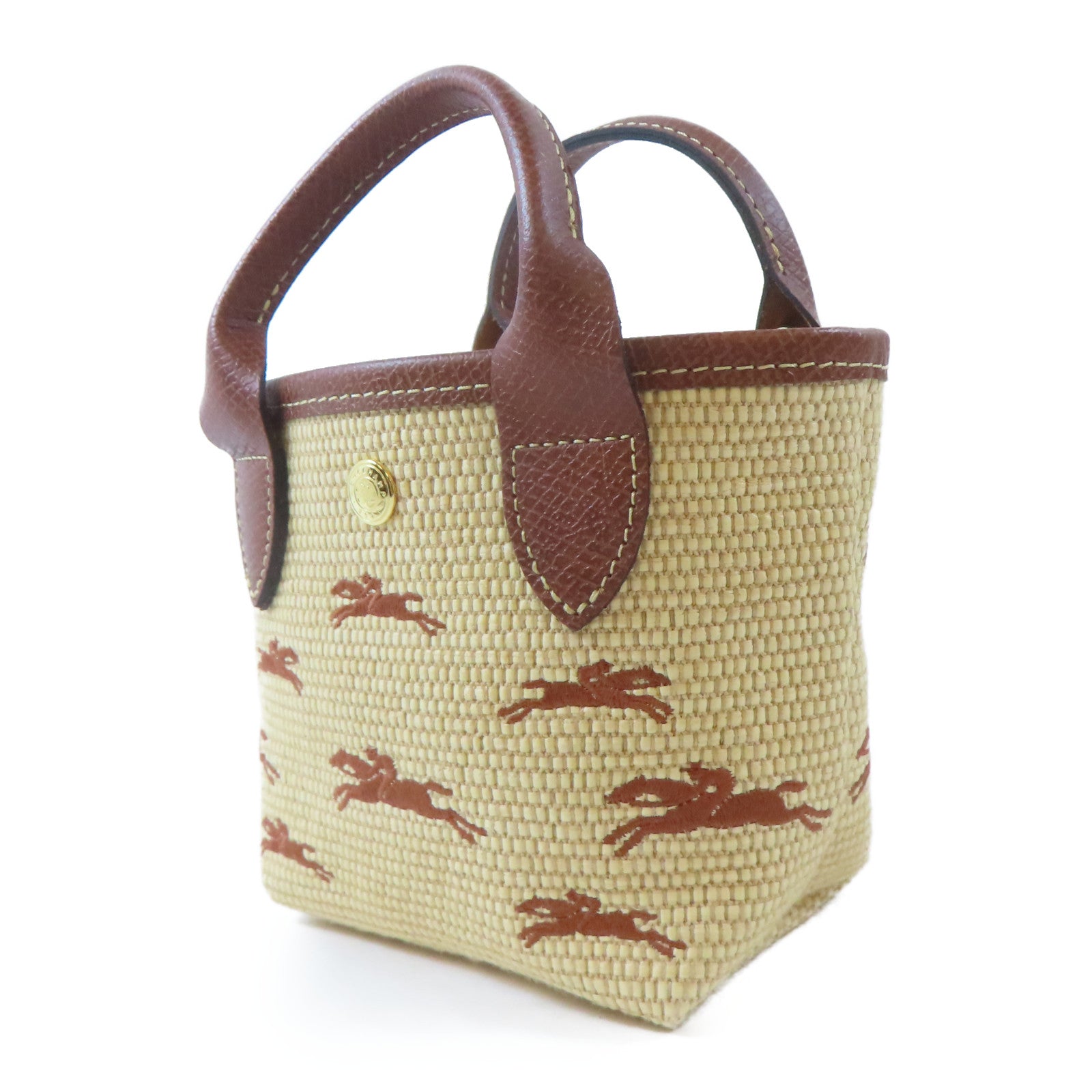 Longchamp 藤料/牛皮皮革Le Panier Pliage Basket金扣手挽肩背兩用袋啡色