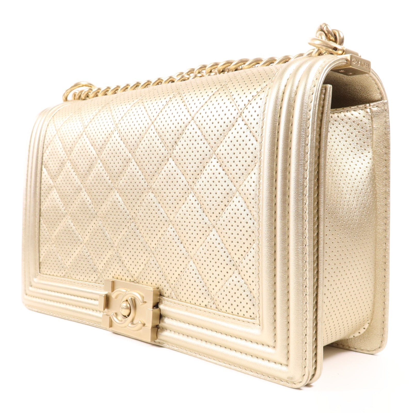 CHANEL 牛皮皮革Boy 28金扣鏈帶肩背袋