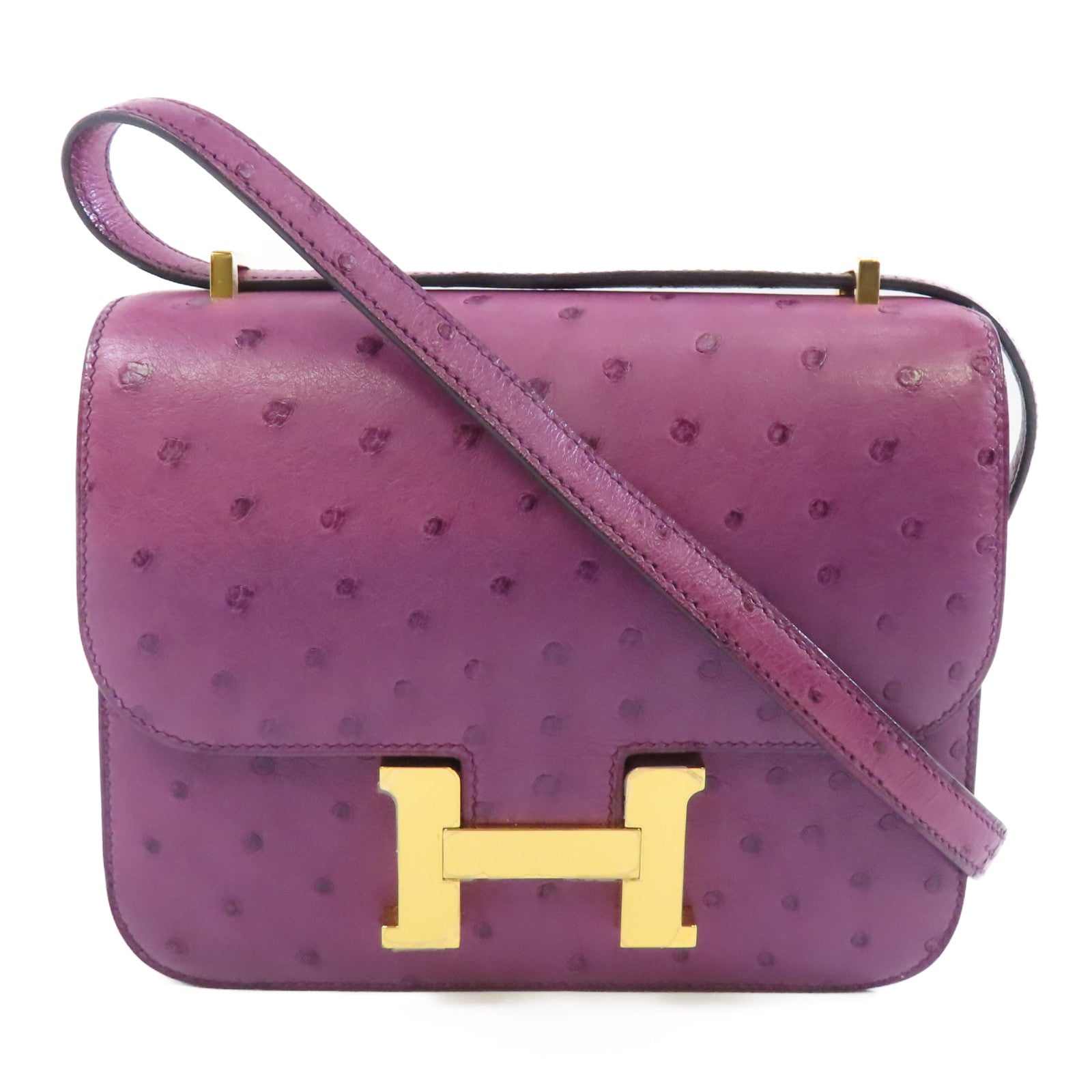 HERMES 鴕鳥皮革Constance Mini金扣肩背袋Anemone紫色