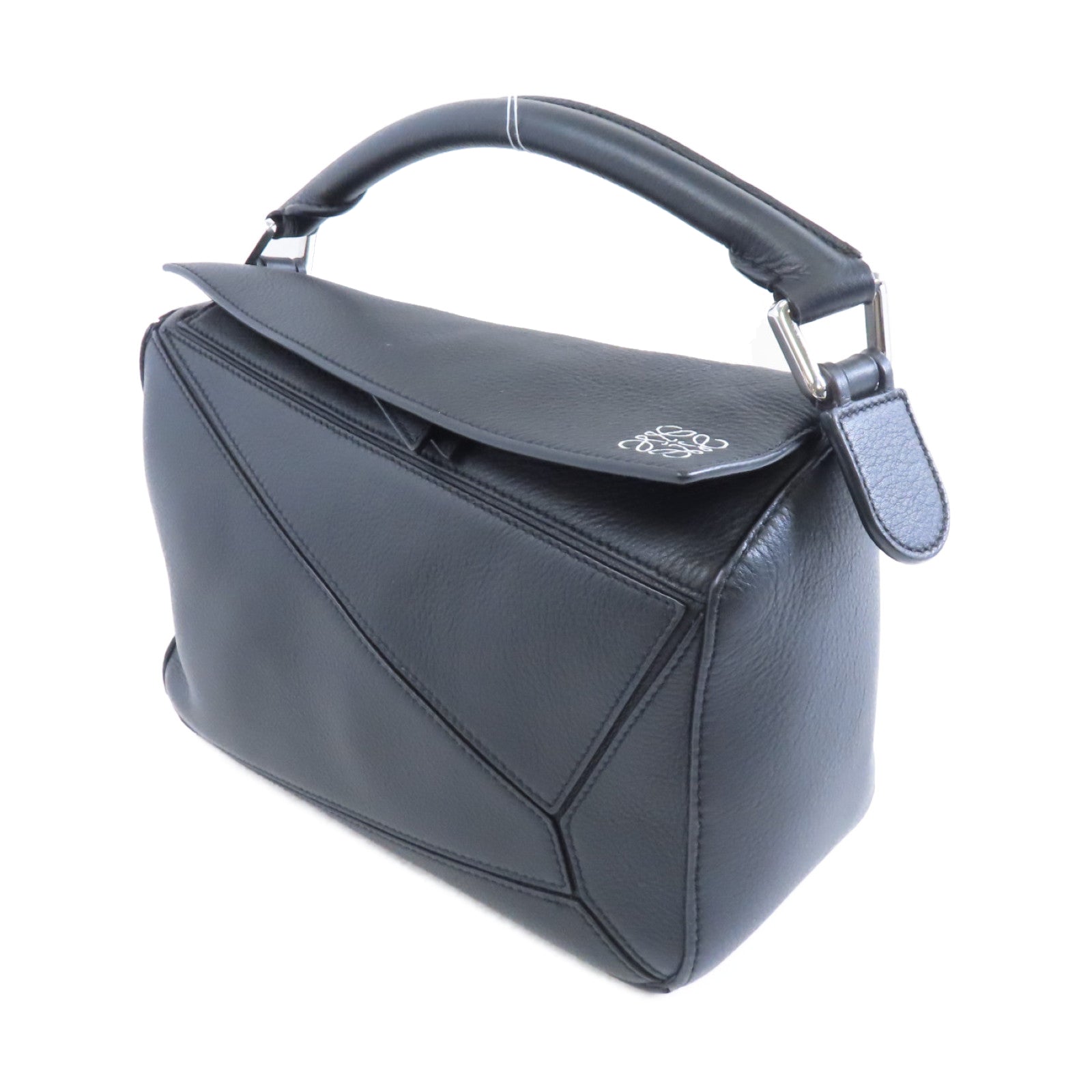 LOEWE 牛皮皮革Puzzle Small銀扣手挽肩背兩用袋黑色